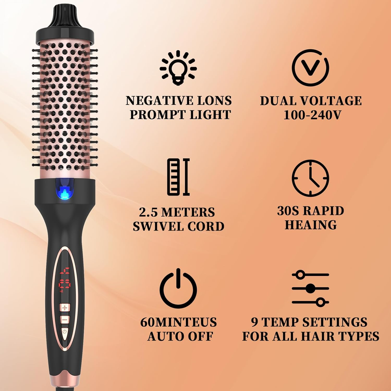 Curling Iron Thermal Brush 1.5 Inch Dual Voltage Travel Friendly with Digital Display Temperature Ceramic Tourmaline Ionic Fast Heated round Bush Suitable for Medium and Long Hair