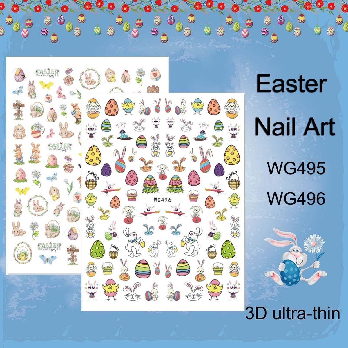 Easter Nail Art Stickers Decals, 3D Self-Adhesive Cartoon Bunny Egg Chicken Nail Decals for Women Girls Easter Day DIY Nail Decoration 6 Sheets image number 6