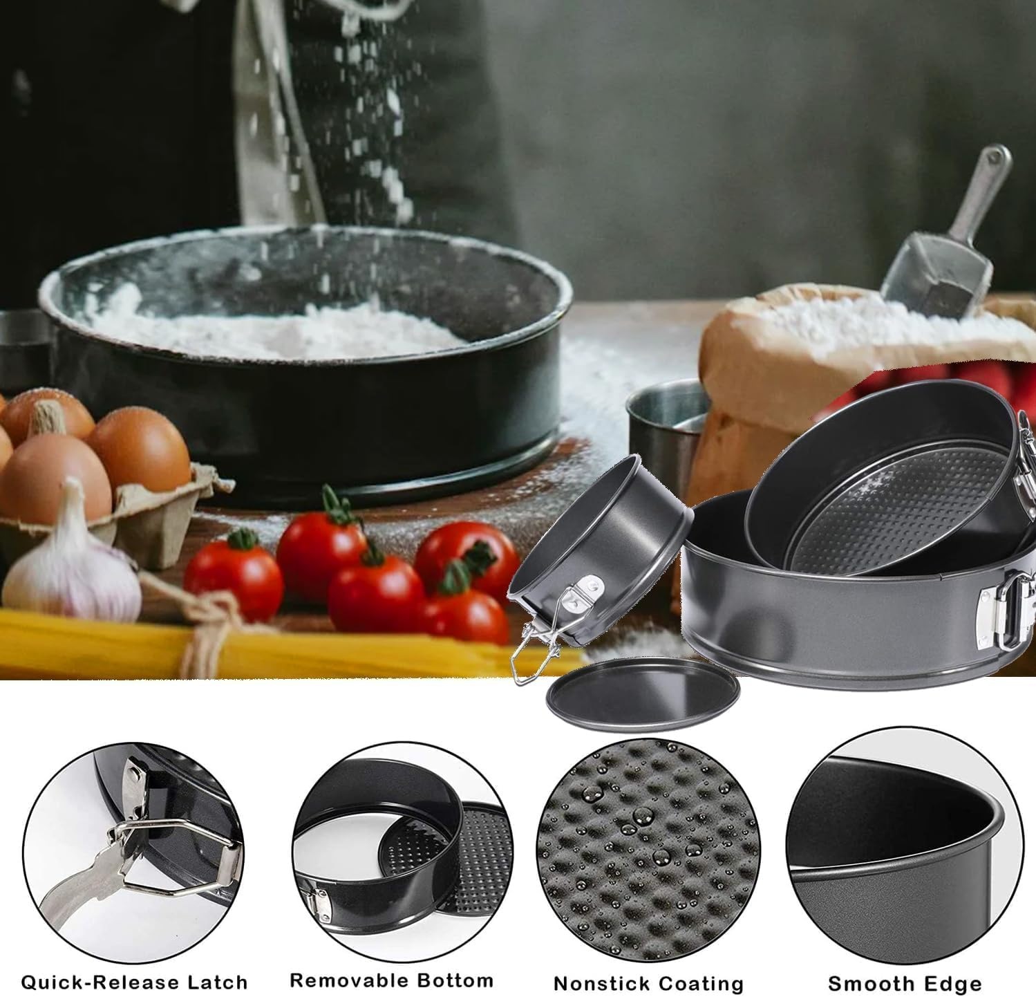 Springform Cake Pan Set of 4 (4, 7, 9, 10 Inch) round Leakproof Nonstick Cheesecake Pans with Removable Bottom Carbon Steel Bakeware