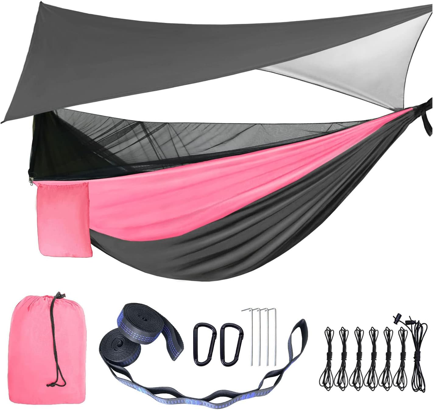 Camping Hammock Pink Grey Hammocks with Mosquito Net Tent and Rain Fly Tarp Portable Single & Double Nylon Parachute Hammock with Heavy Duty Tree Strap Outdoor Backpacking Survival Travel