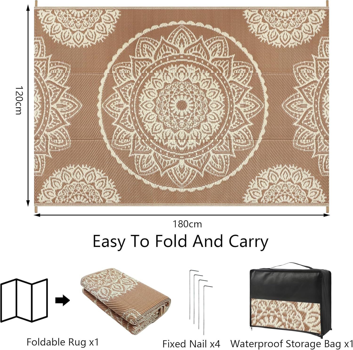 Famibay Outdoor Rug Waterproof Plastic Straw Garden Rugs Reversible Outdoor Rug 120 X 180 Cm Patio Carpet UV Resistant Portable Indoor Area Rug for RV Balcony Picnic Brown Beige image number 5