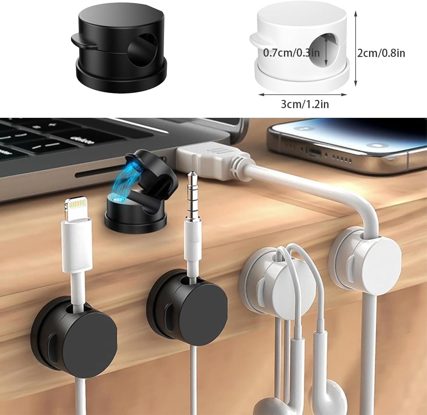 6 Pack Magnetic Cable Clip Desktop Cable Organizer 360&deg; Rotating Adhesive Cord Holder Keeper USB Charger Wire Tidy Holder for Phone Office Desktop Nightstand Car (Black) image number 3