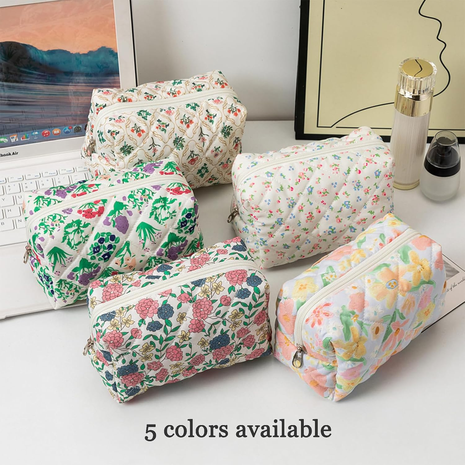 Makeup Bag Quilted Cosmetic Bag Floral Large Pouch,Coquette Toiletry Bag Travel,Large Capacity Aesthetic Makeup Bags Zipper - Flowers 2 image number 5