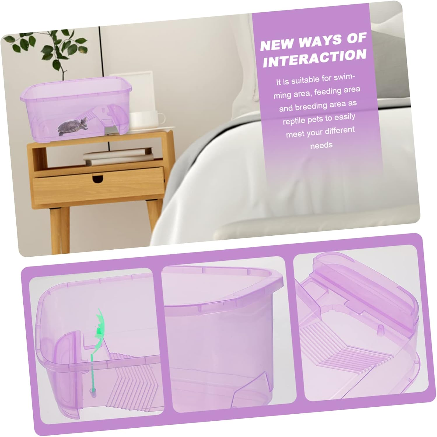 Hohopeti Plastic Turtle Tank Reptile Habitat Box Basking Platform, Small Purple Plastic Pet Breeding Terrarium for Home Turtle Feeding and Reptile Supplies - Purple image number 4