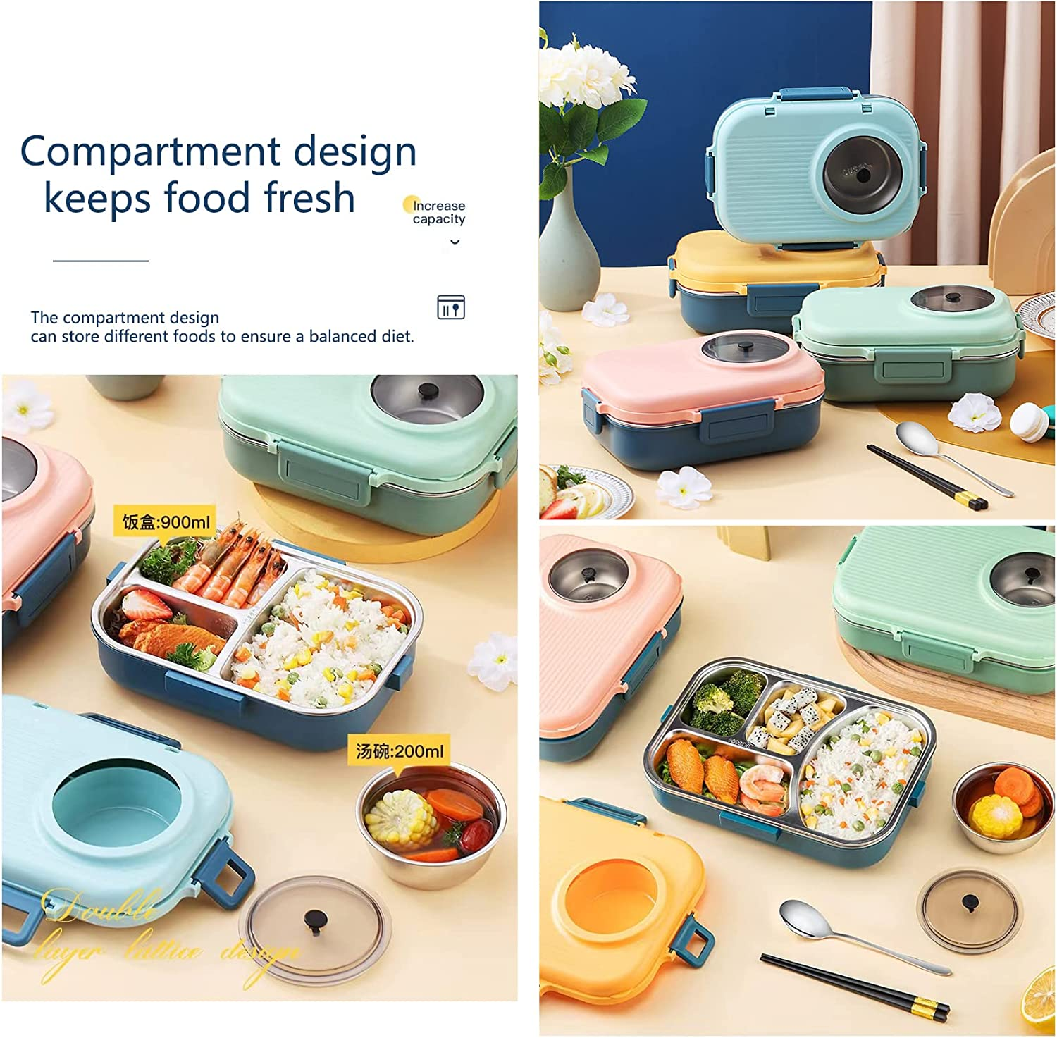 Bento Lunch Box, 3 Compartments Stainless Steel, Leak-Proof with Bowl, Water Fillable, BPA Free, Suitable for Camping, School, Office image number 2