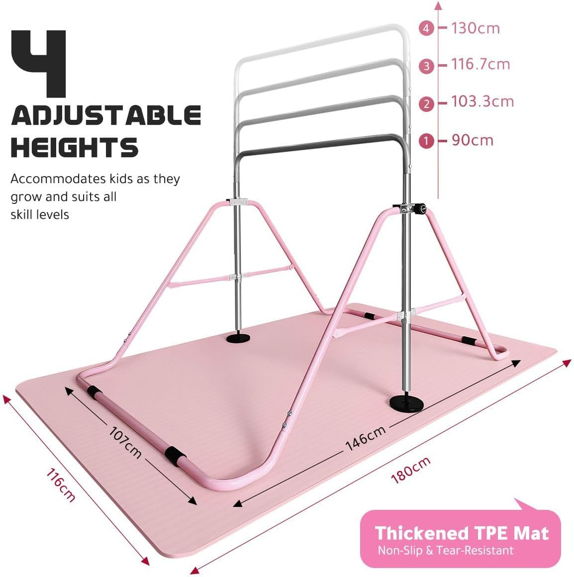 Genki Expandable Gymnastics Bars, Adjustable Height Gymnastic Horizontal Bars,Junior Climbing Frame Training Bar Children Folding Training Monkey Bars for Kids,Pink&hellip; - Pink/Mat image number 5