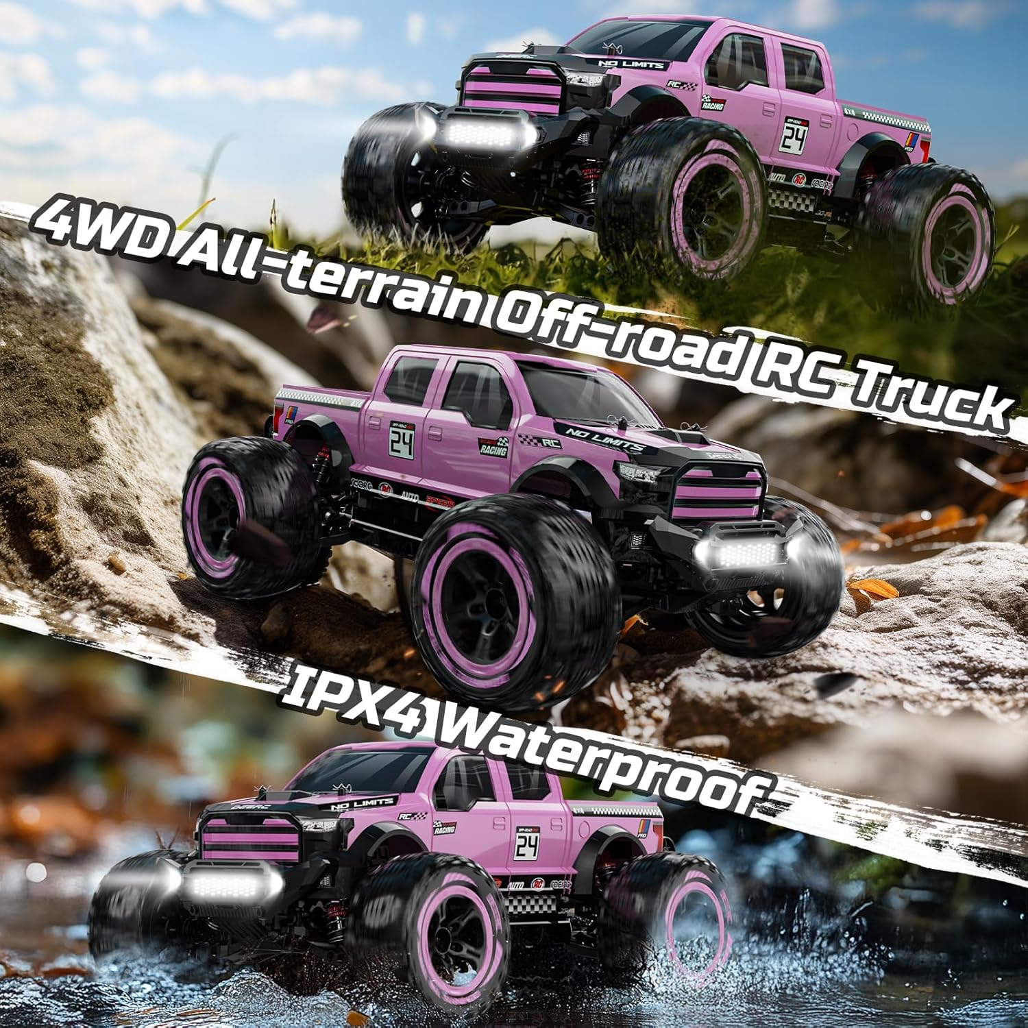 DEERC 1:10 Fast RC Cars for Adults, 4X4 High Speed RC Truck Crawler, 48+KM/H, Pink All Terrain Hobby Remote Control Monster Truck with 2 Modular Batteries, Toy Vehicle for Kids image number 1