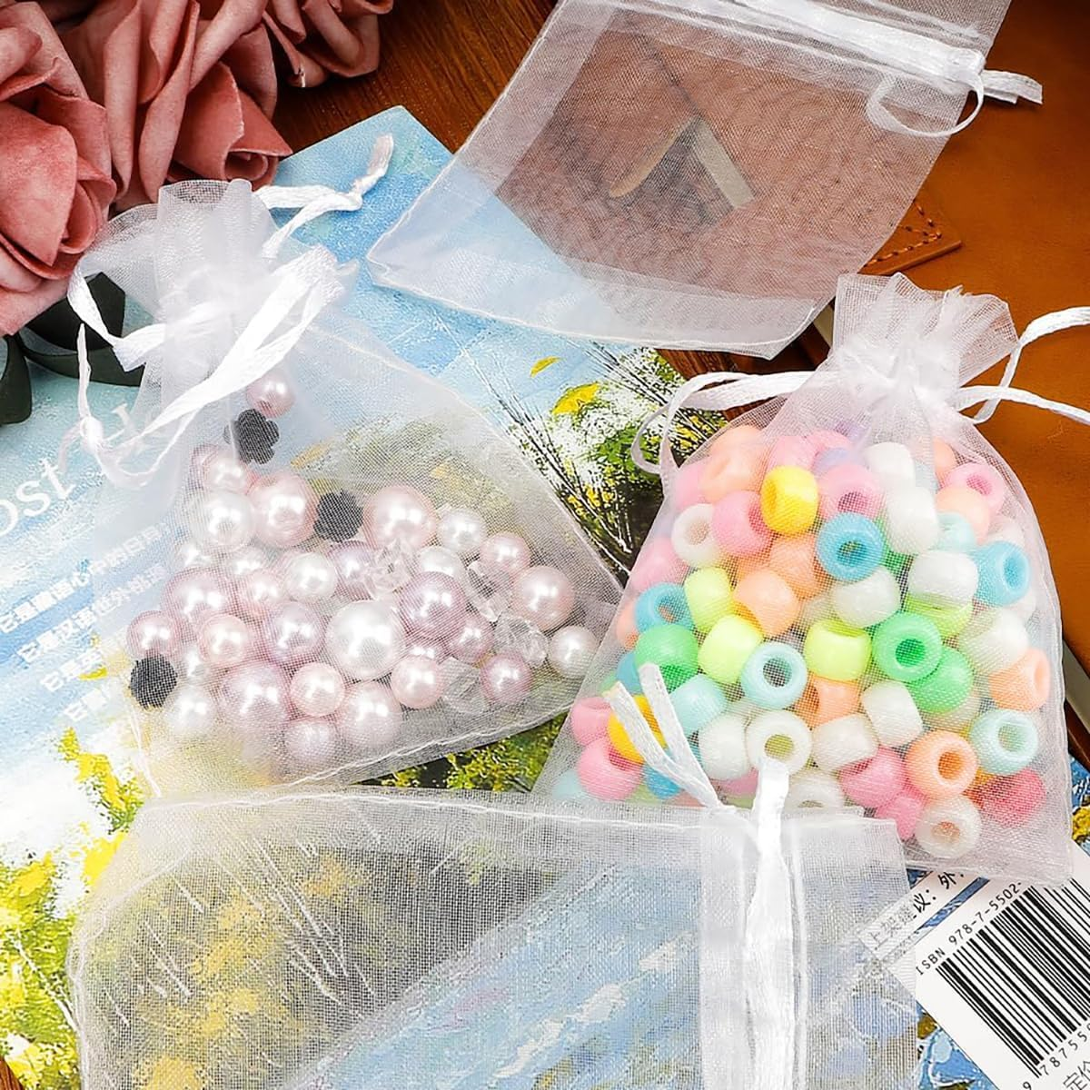 Organza Bags Small Mesh Bags Drawstring 3X4 Inch 50PCS White Sheer Wedding Party Favor Bags Mesh Gift Sachet Pouches Jewelry Gift Bags Mini Candy Bag for Graduation Party Festival Christmas New Year image number 2