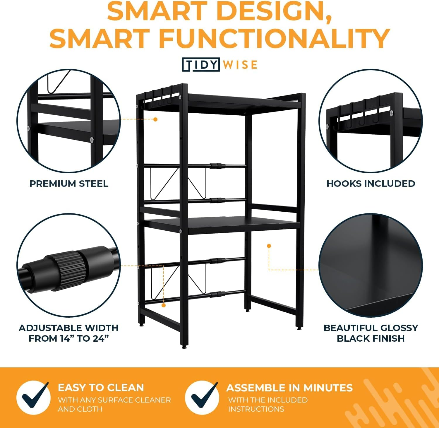 Expandable Microwave Oven Rack, 2 Tier Kitchen Countertop Shelf, Large Stand with Cutting Board Holder, 6 Hooks, Adjustable (Black-3 Tier) - White-2 Tier image number 6