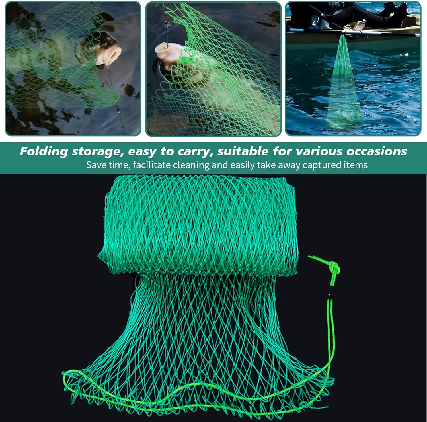 Fishing Net Bags, Folded Fishing Bait Trap Net, Drawstring Fish Storage Mesh, Foldable Fish Keep Net Diving Bags, Long Fishing Mesh, Length Trap Net for Shrimp, Shrimp, Crabs, Lobster (1.5M) image number 1