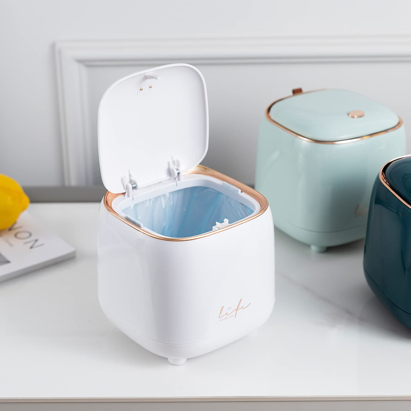 Recycle Bin Plastic Creative Mini Desktop Trash Can with Lid Small Home Office Cleaning Trash Can Button Desktop Storage Bucket Light Trash Can, with 50 Trash Bags image number 5