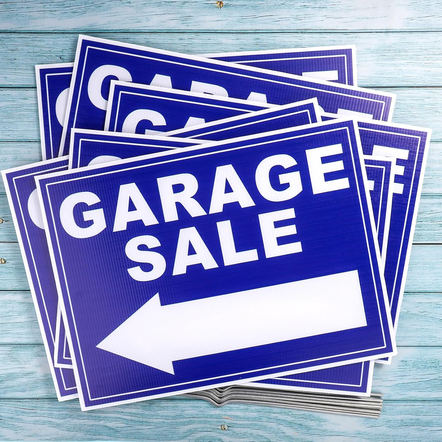 6Pcs Garage Sale Sign, Garage Sale Arrow Signs Supplies with Stakes, 16X12 Inch Double Sided Yard Sale Signs Waterproof Garage Sale Sign for Sales Event (Blue) image number 1