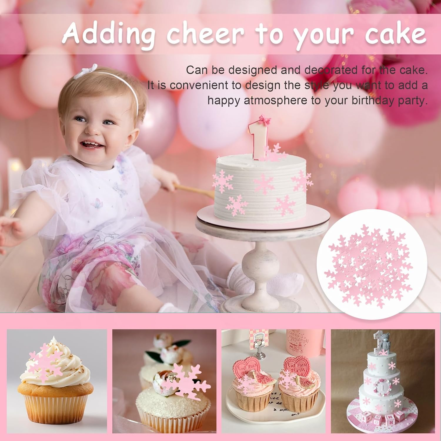 50Pcs Snowflake Cake Cupcake Topper, Edible Winter Frozen Snowflake Cake Decorations Edible Wafer Paper for Birthday Party Decor Supplies (Pink) image number 4
