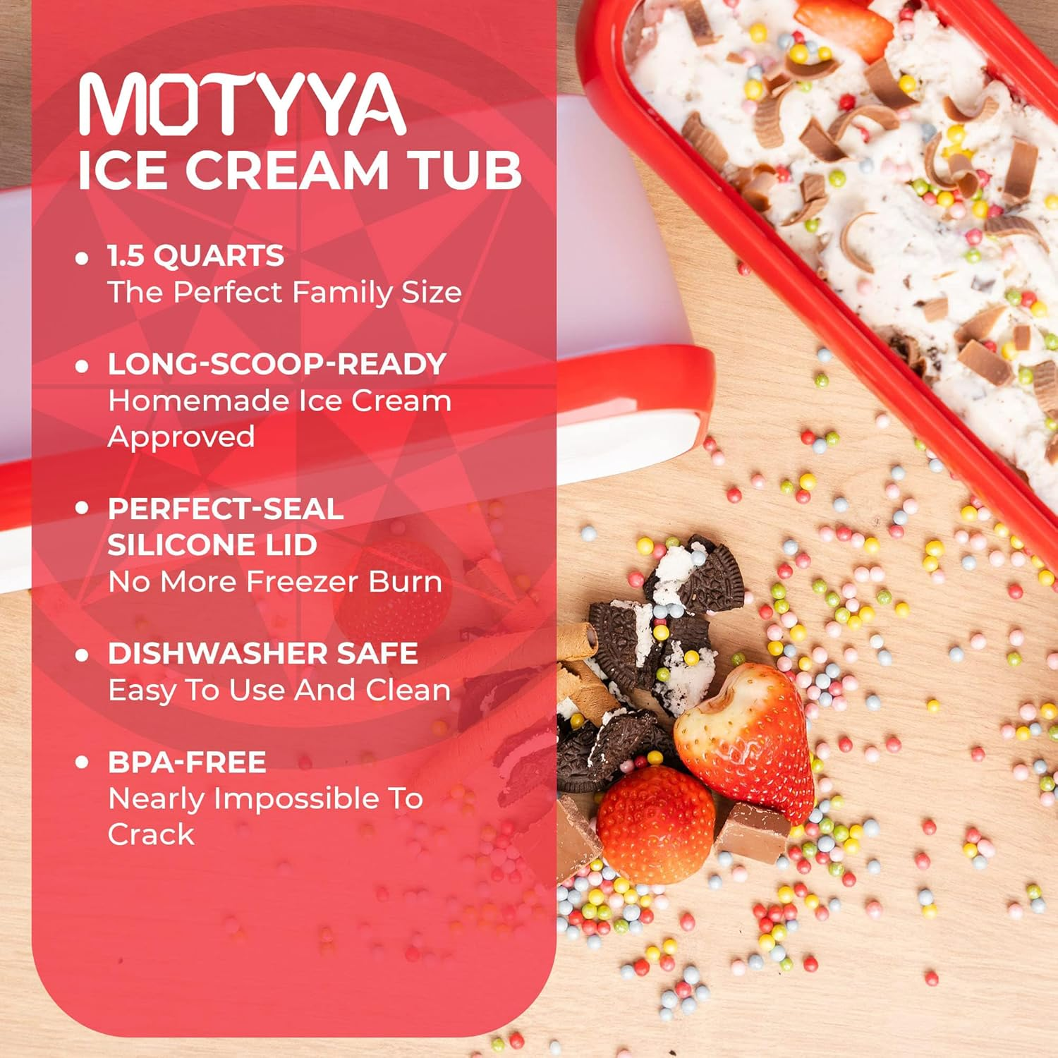 2 Pack Ice Cream Containers with Lids, 1.5 Quarts Reusable Homemade Long Ice Cream Tubs, Freezer Storage Container Perfect for Sorbet, Frozen Yogurt and Gelato, Red image number 1