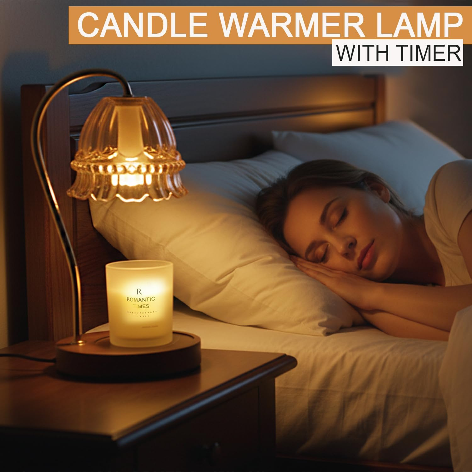 Vintage Candle Warmer - Aromatherapy Lamp with Timer | 4-Level Dimming and Infinite Dimming | Glass Shade | Wooden Base | Includes Two 50W G10 Halogen Bulbs | Elegant Home Decor (Yellow) image number 6