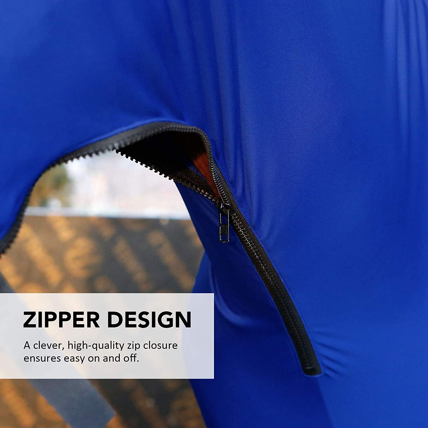 Harrison Howard Horse Stretch Hood without Ears Snug Fitting Hood with Zip Closure Covers Face, Shoulders, Mane, Chest and Withers Perfect for Show/Event Preparation - Blue image number 4