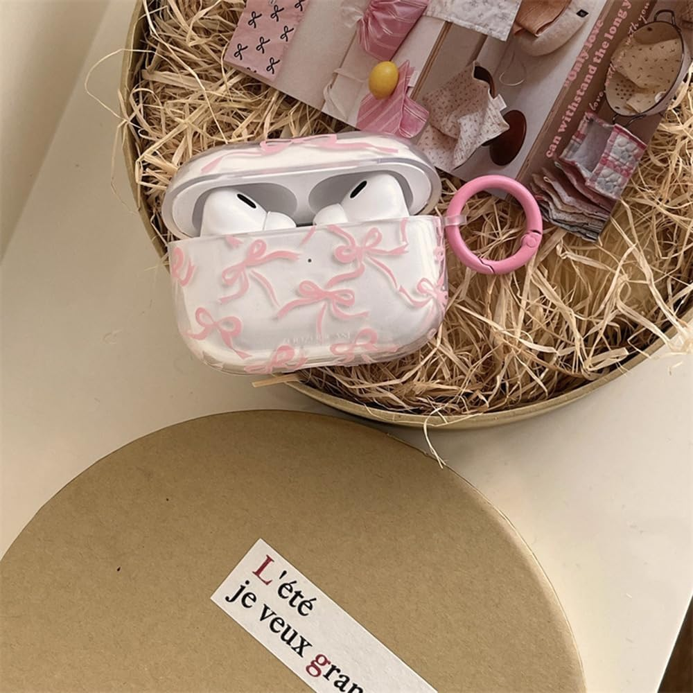 Case for Airpods 4 with Cleaner Kit Soft Cute Bow Pattern Fashion Design Bowknot Aesthetic Shockproof Keychain Headphone Cases for Airpods 4-Pink image number 1
