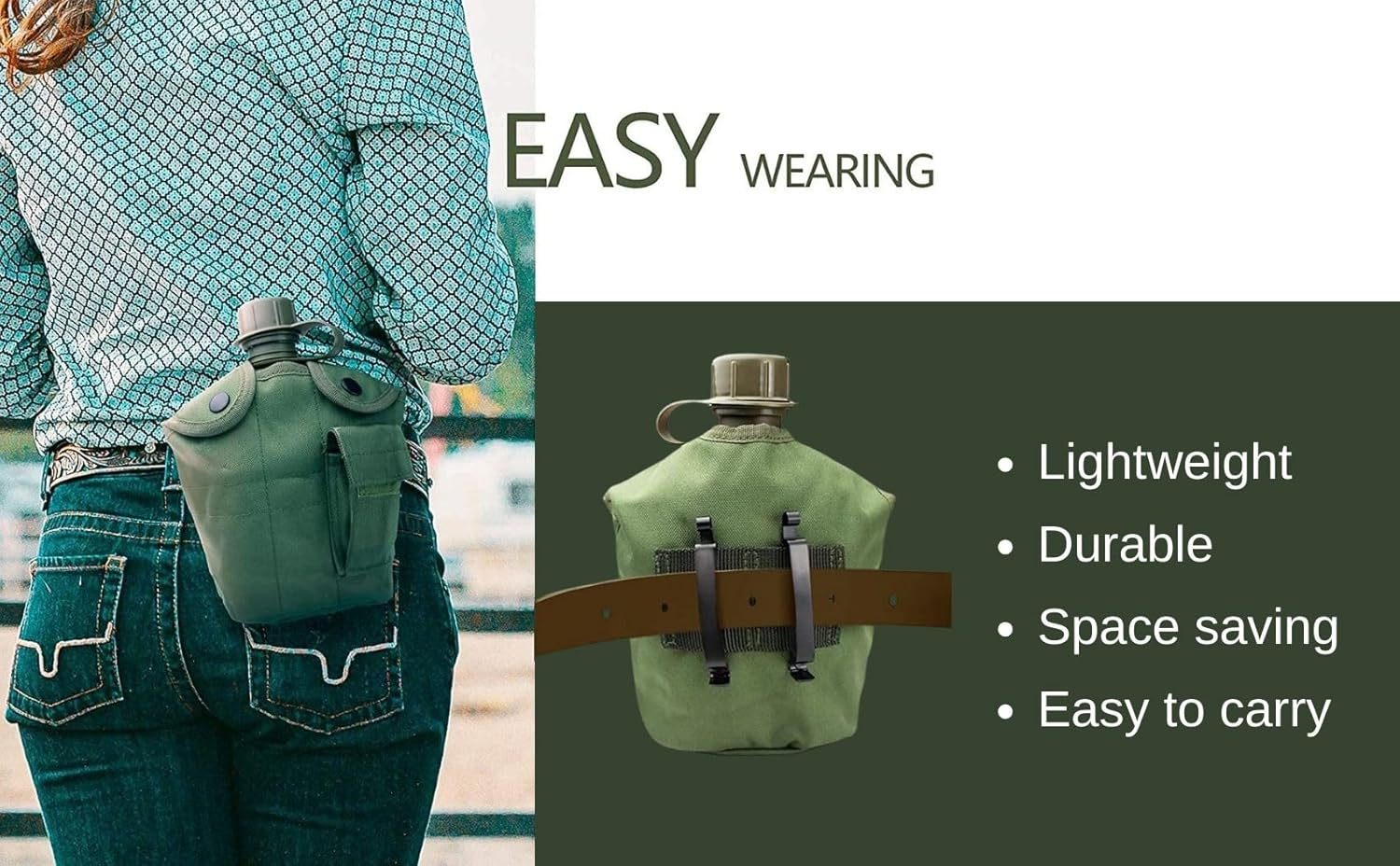 Begrit Military Canteen Army Canteen WWII Canteen Kit with Aluminum Cup Stainless Steel Foldable Spoon Fork for Hiking Backpacking Camping, 1 Quart - Green image number 6