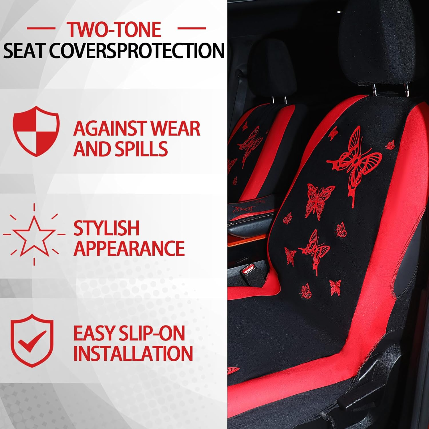 BBTO 43 Pcs Butterfly Car Seat Full Set Butterfly Car Accessories for Women 5 Front Rear Seat Covers Wrist Strap 2 Pieces Cup Mat Armrest Pad 2 Seat Belt Cover Accessories for SUV Car (Red, Black) - Blue, Black image number 7