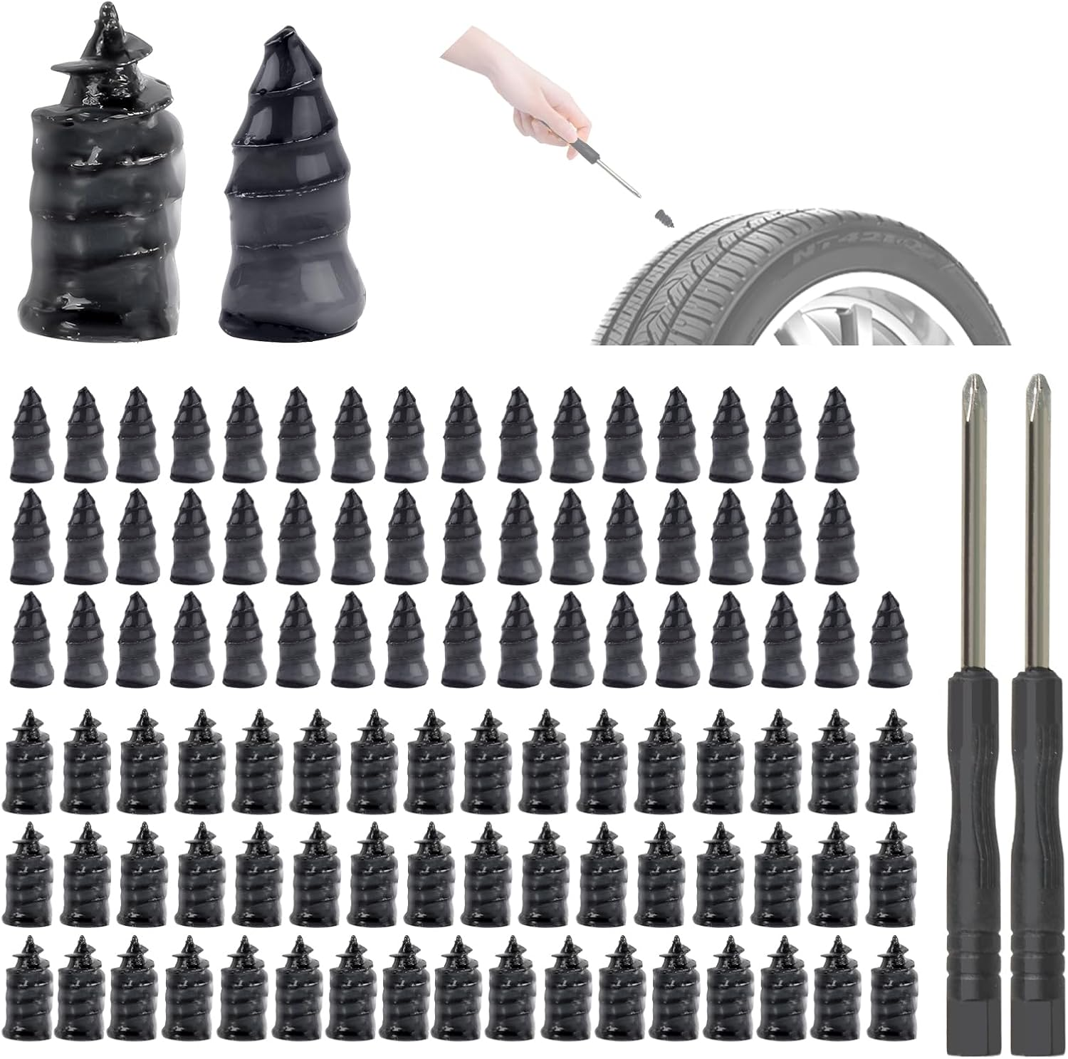 100 Pcs Car Tire Repair Rubber Nails with 2 Screwdriver, Vacuum Tire Nail Repair Kit Sidewall, Self-Service Screw in Tire Plugs for Puncture Motorcycle Flat Truck Tractor (50S & 50L) image number 5