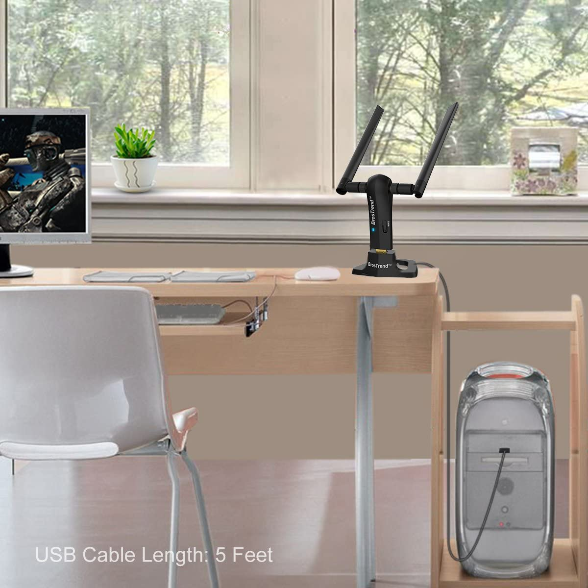 Brostrend 1200Mbps Long Range USB Wifi Adapter for PC Desktop Laptop of Windows 11/10/8.1/8/7, Wireless Adapter Dual Band 2.4Ghz 300Mbps + 5Ghz 867Mbps, 2X 5Dbi High Gain Antennas, USB 3.0 Cradle image number 3