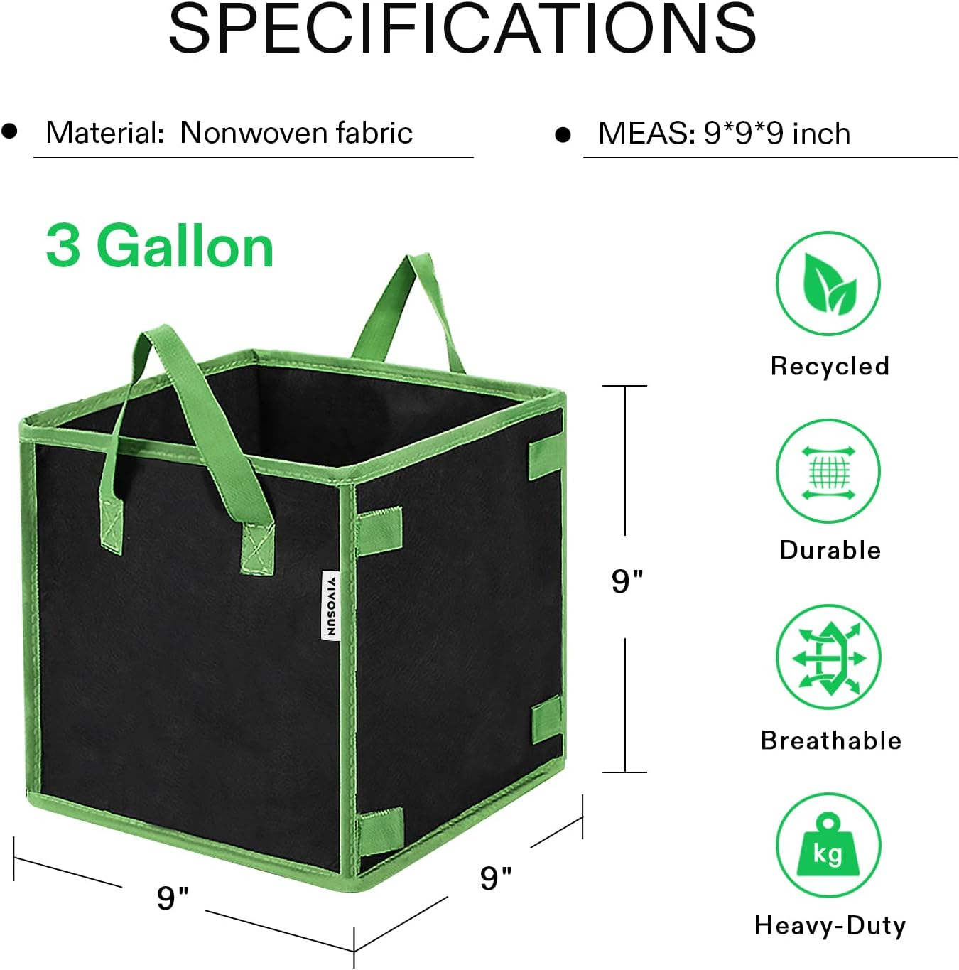 VIVOSUN 5 Pack 3 Gallon Square Grow Bags, Thick Nonwoven Cubic Fabric Pots with Handles for Indoor and Outdoor Gardening image number 1