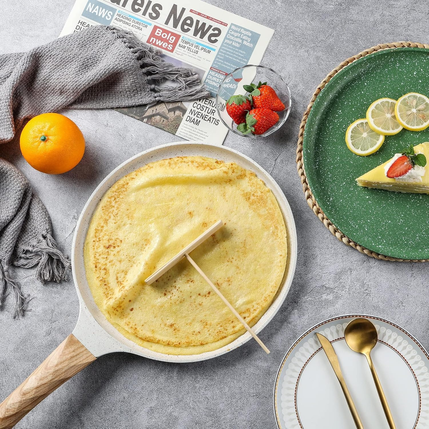 Crepe Pan, XICEN 28 Cm Nonstick Dosa Tawa with Spreader, for All Stove, Tortilla Pan with Detachable Handle (Cream White) image number 3