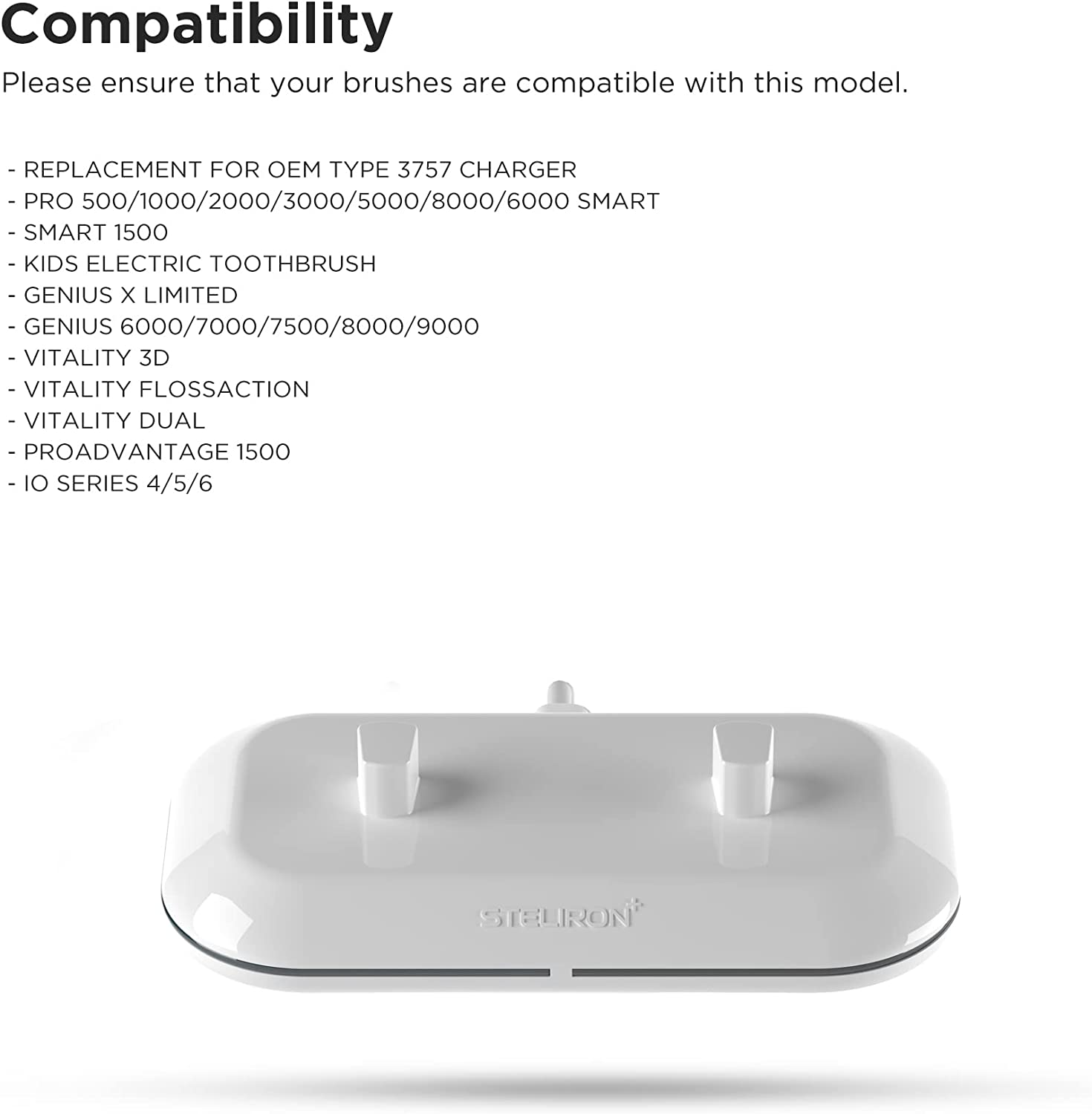 GALVANOX 2-In-1 Dual Toothbrush Charger Compatible with Oral B Electric Toothbrushes, Replacement for 3757 - Works Braun Oralb Pro Advantage Smart Genius Vitality Io & Kids Models, White (TBCH220) image number 5