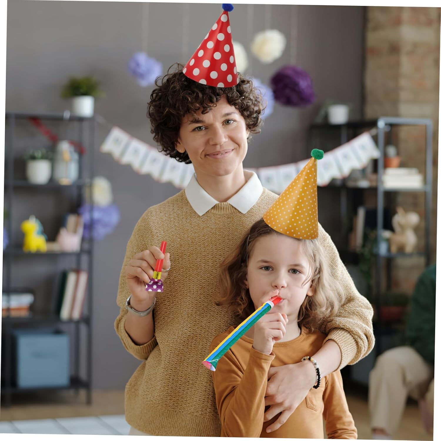 1Set Colorful Party Hats with Paper Crowns and Blowouts Cone Birthday Hats and Party Blowers for Adults Fiesta and Carnival Decorations for Birthday Parties image number 2