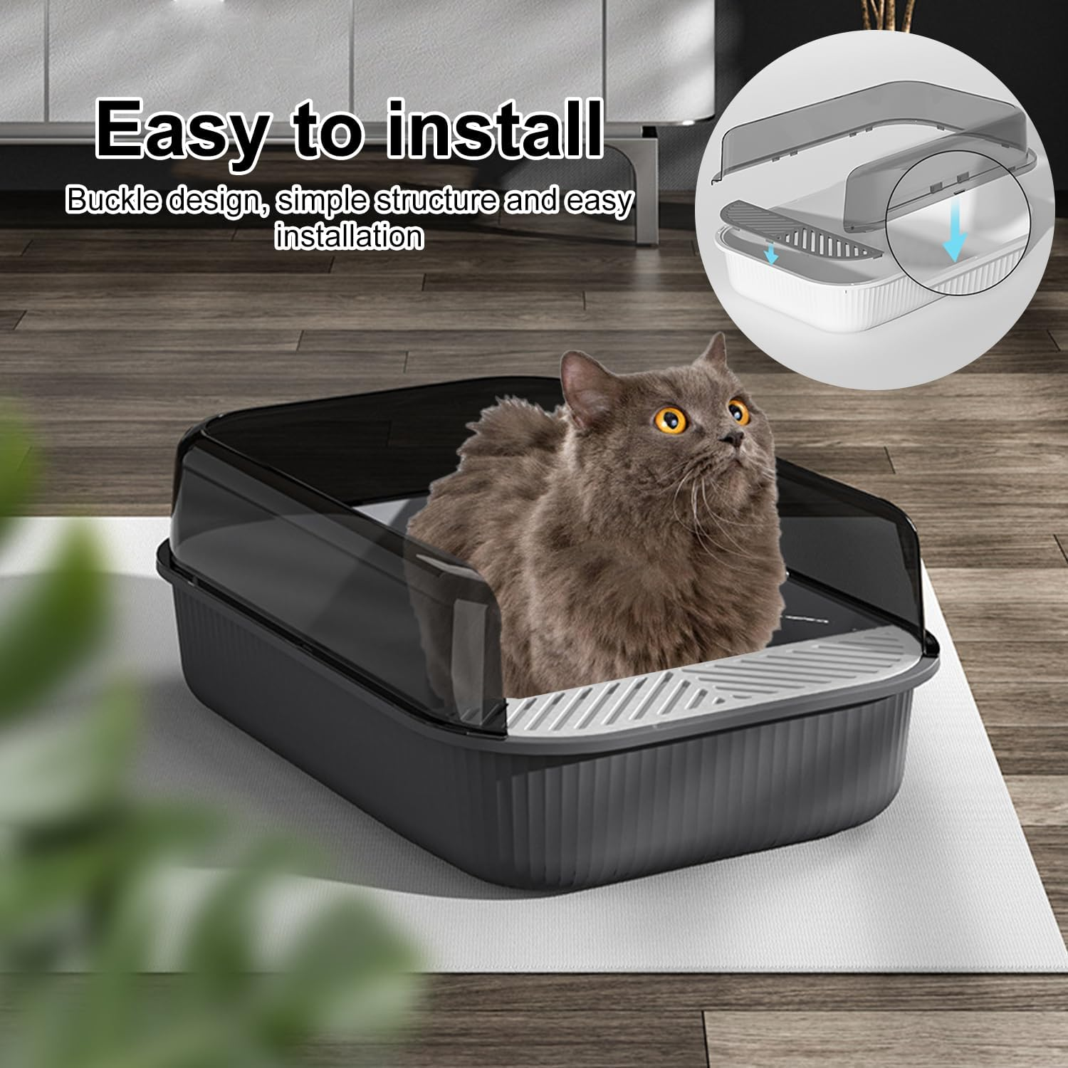 Cat Litter Tray, 50X34X18Cm with Free Scoop, Semi-Closed Plastic Cat Litter Pan Top Entry Cat Litter Box, Suitable for Large Cat, Drawer Type Anti-Splashing Cat Toilet with Large Capacity (Grey, L) image number 2