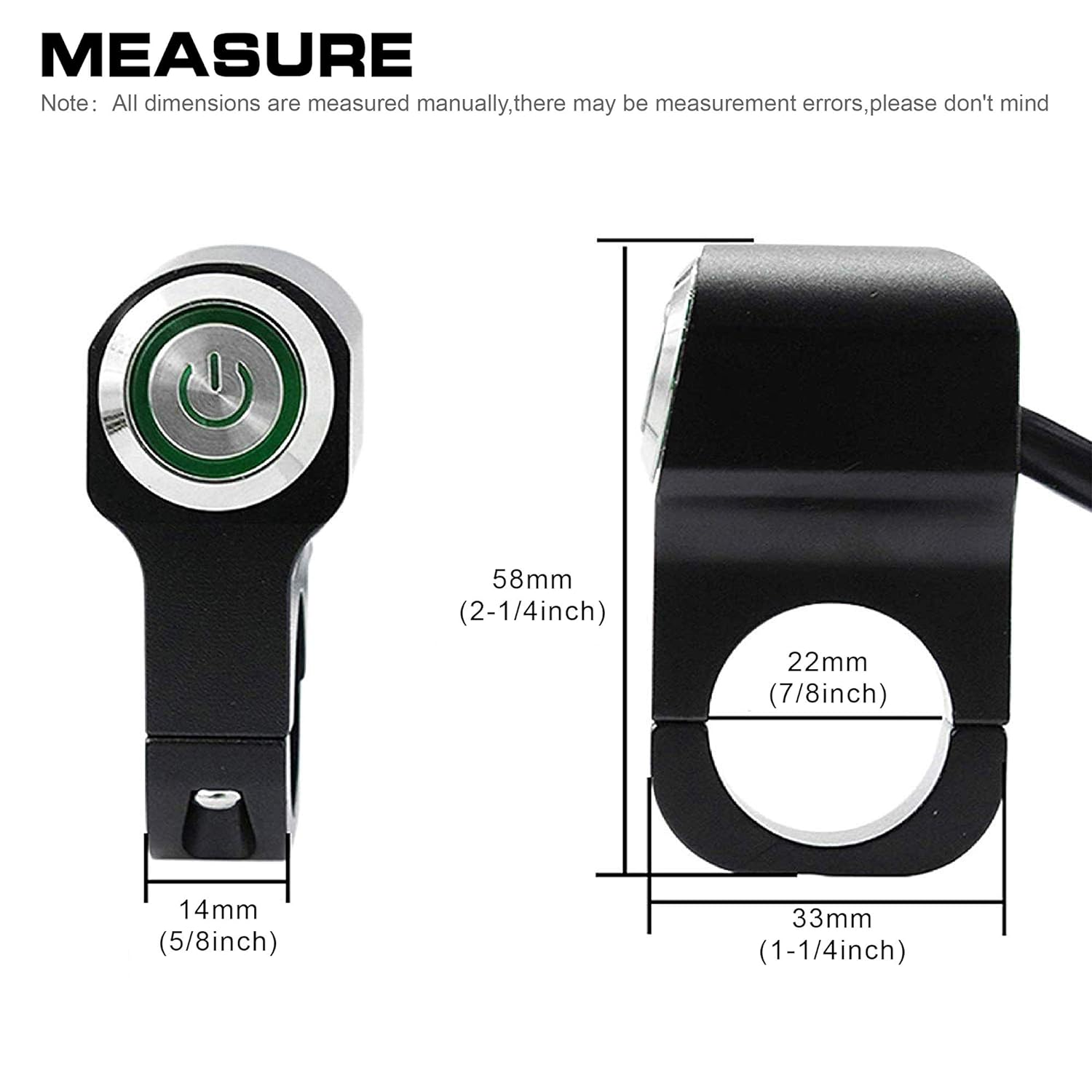 12V 10A Motorcycle Bike ATV 7/8Inch Handlebar CNC Switch for Headlight Hazard Brake Fog Light on off Switches (Green)