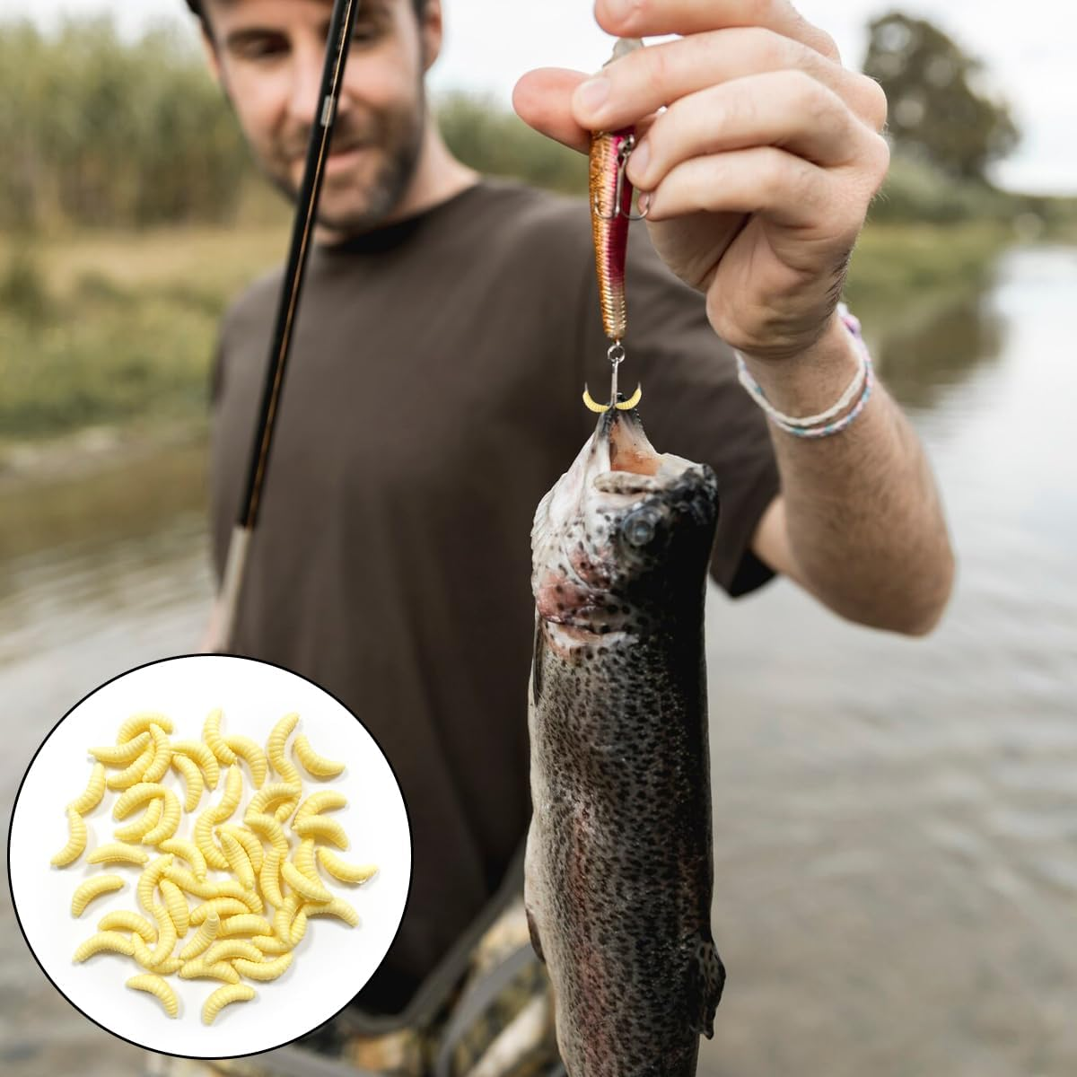 Mini Soft Worm Lures, 50 PCS Small Realistic Fishing Lures for Saltwater, Freshwater, Prank Props (Yellow, 2Cm/0.78In)