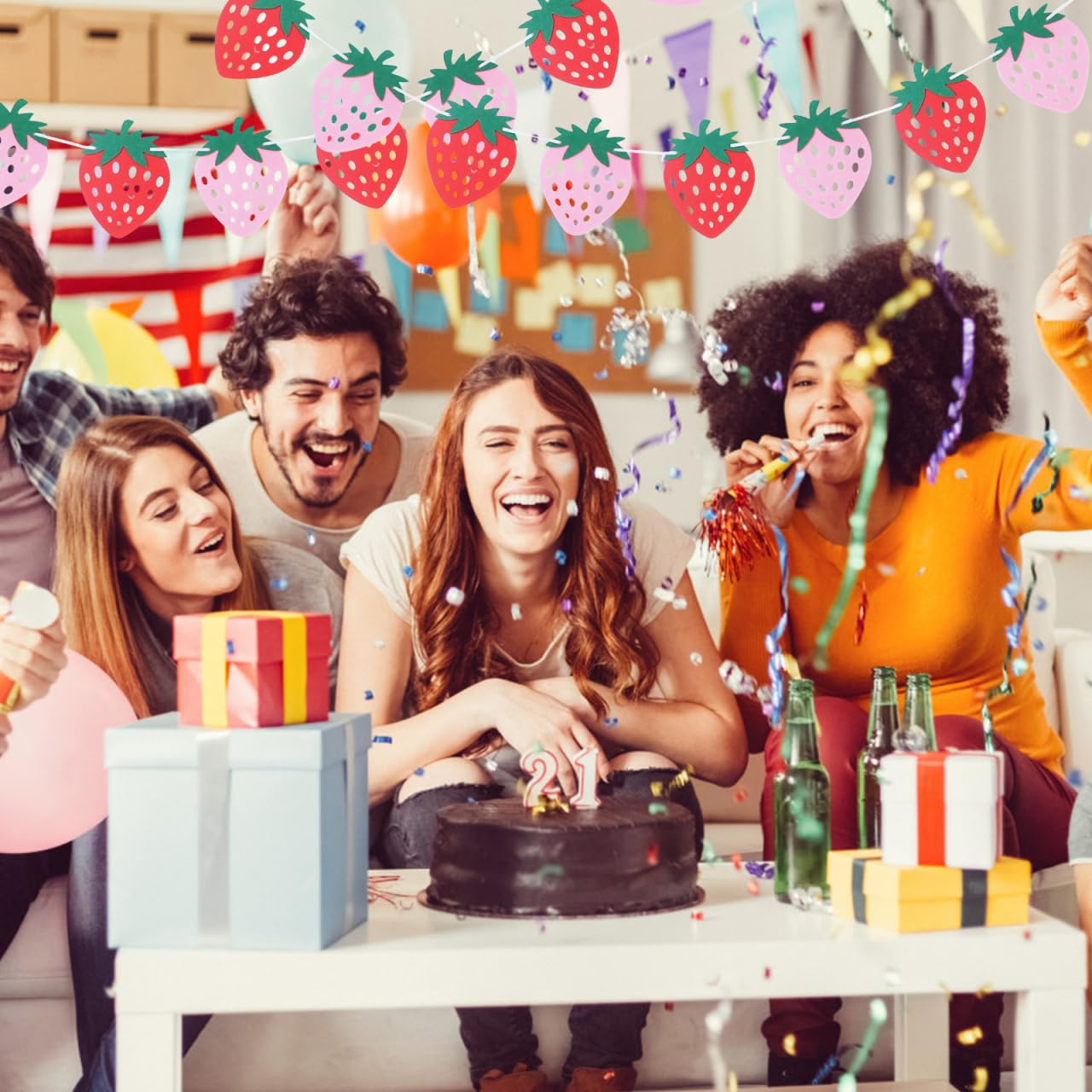 Totority Strawberry Birthday Party Banner Decoration Set Felt Hanging Buntings for Indoor Outdoor Festive Celebrations image number 2