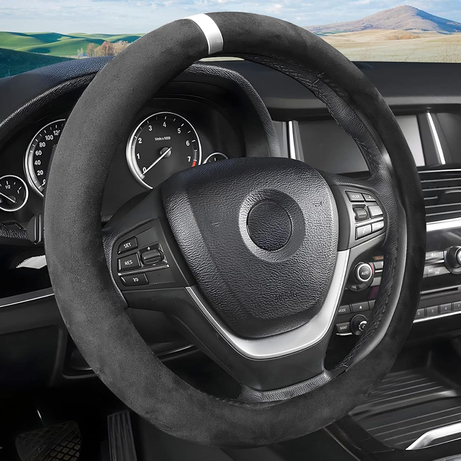 Car Steering Wheel Cover, Suede Car Interior Accessory for Driverse Car, Anti-Slip Breathable Full Surround Leather Steering Wheel Covers Protector for 14.5"-15" Universal Fit (Silver-O Shape) image number 4