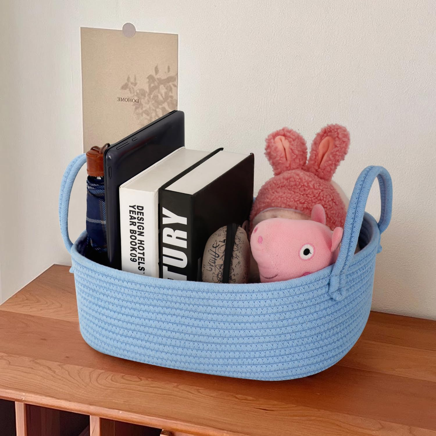 Set of 3 Nursery Storage Baskets, Baby Nursery Baskets, Small Woven Baskets for Storage, Cotton Rope Baskets for Toys, Basket with Handles, round Towel Basket Bins - Baby Pink image number 3