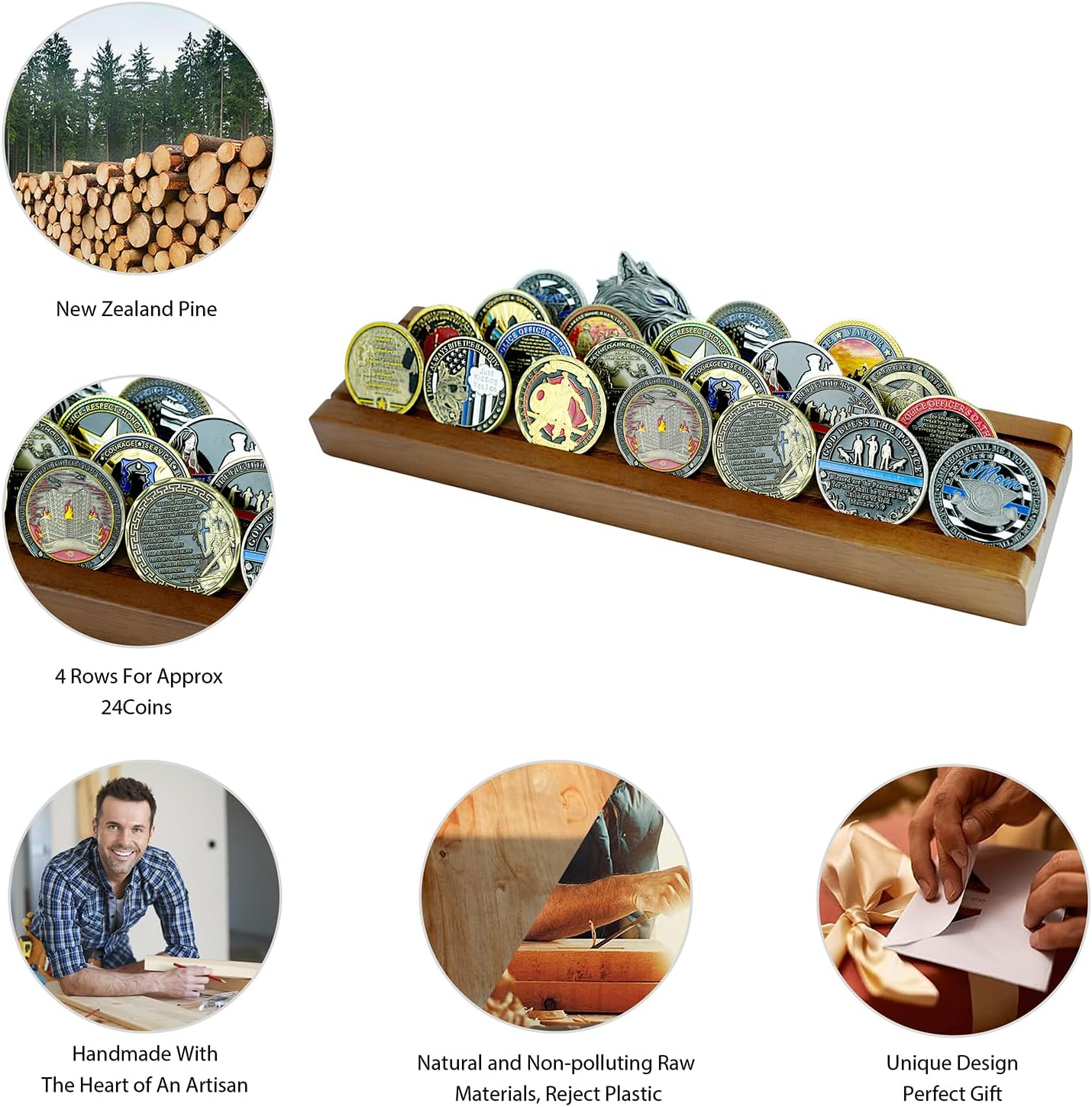 Challenge Coin Display Stand 4 Rows Wooden Military Coin Holder Rack Case Holds 30 Coins, Walnut Finish image number 2