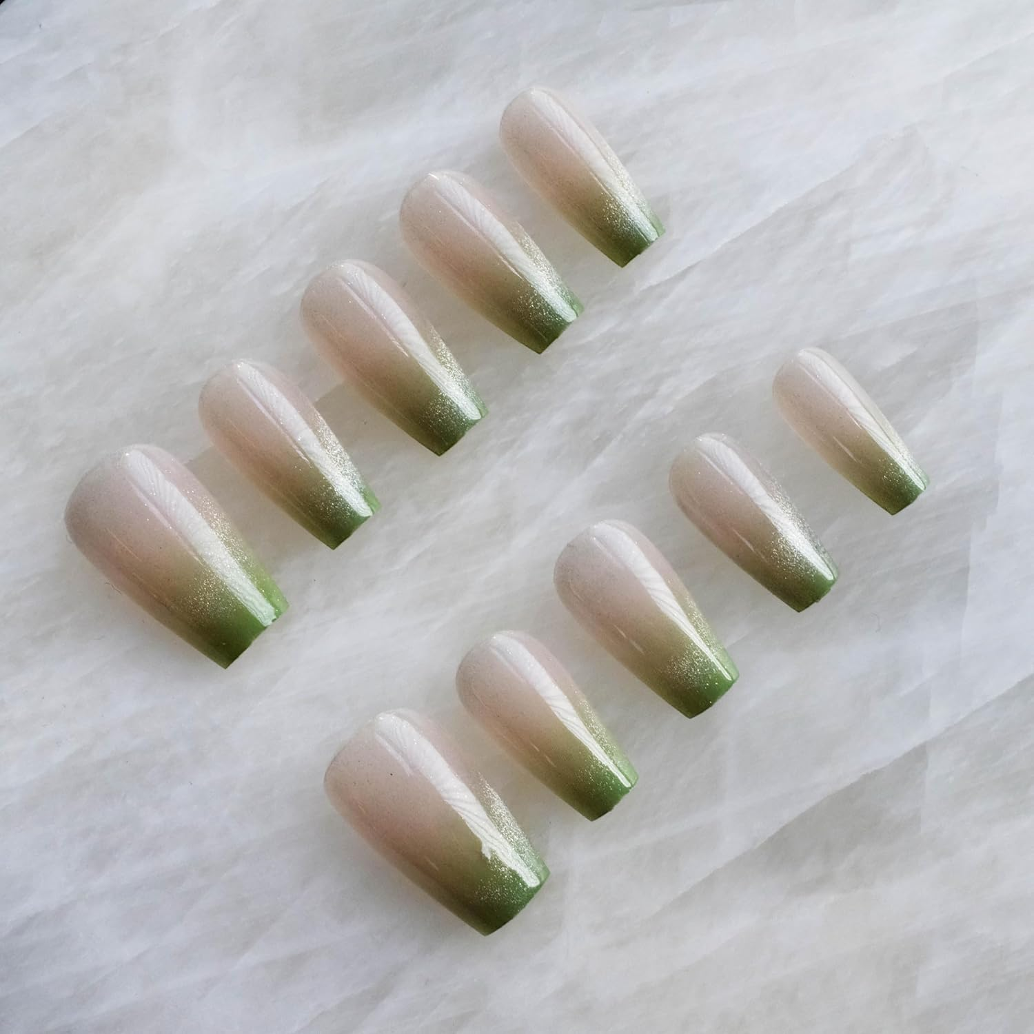 Glossy Cat Eye Ballerina Press-On Acrylic Nails, Coffin Style (Green, XS)