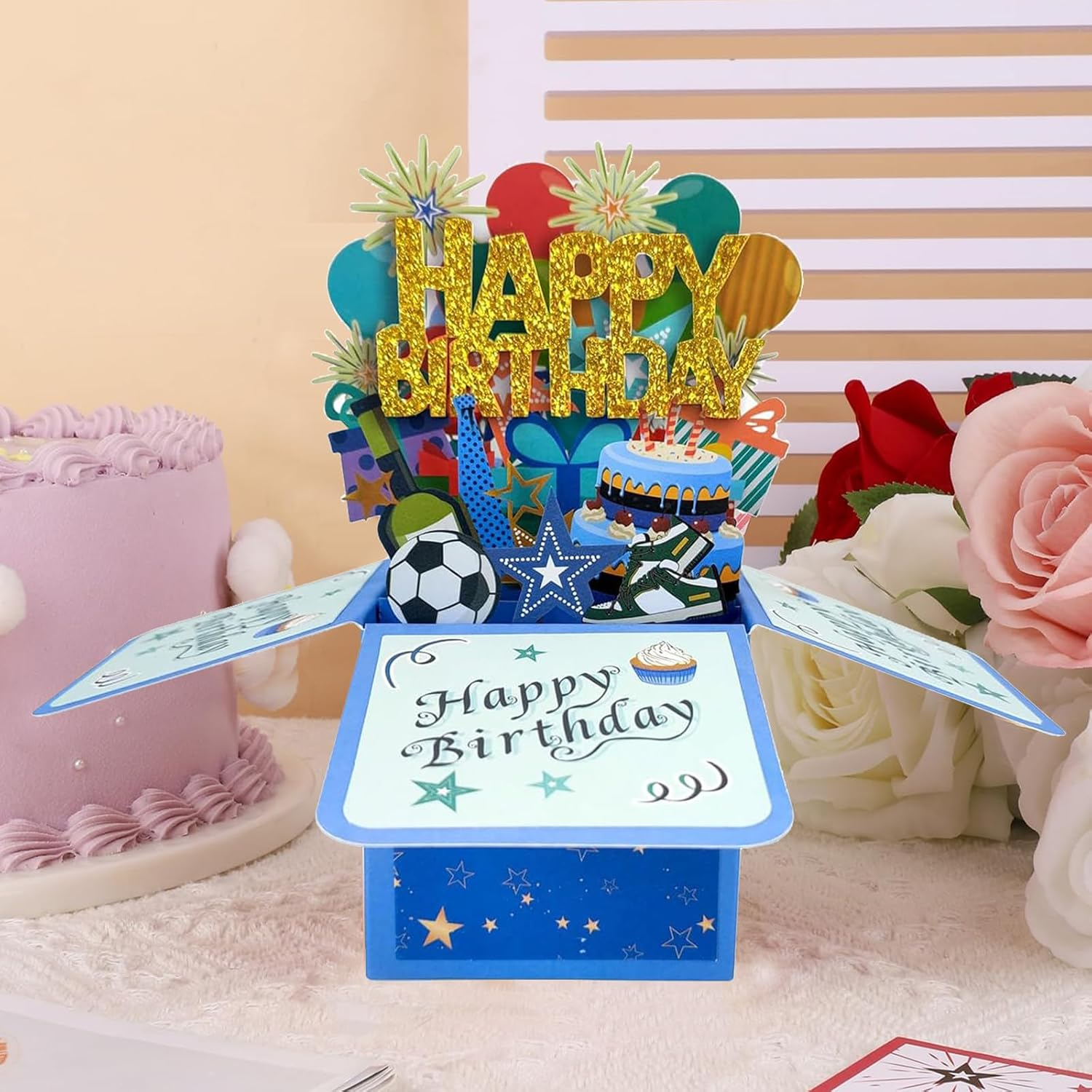 Pop up Happy Birthday Card,3D Candle Cake Happy Birthday Pop up Greeting Boxed Cards,Special for Friends Kids Families Boys and Girls (Blue) image number 1