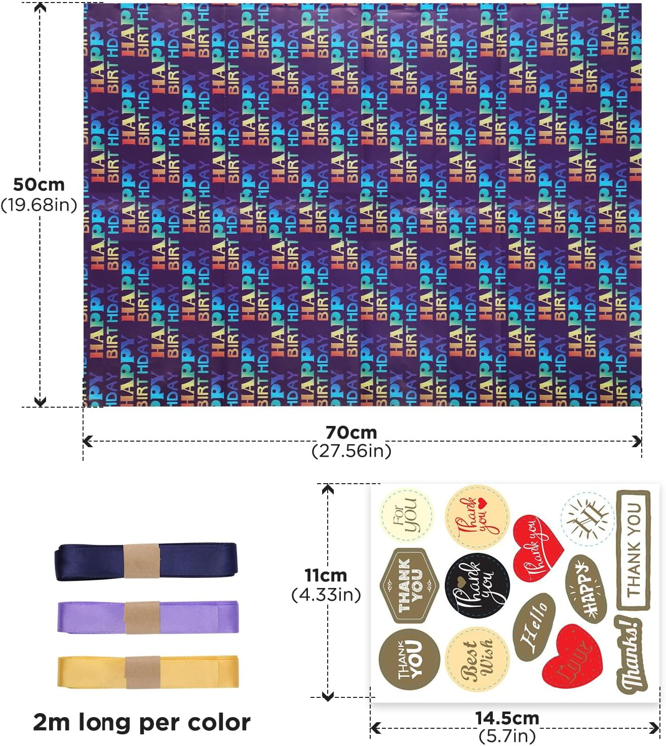 Bigqin 6PCS Kids Birthday Wrapping Paper Recycled 70 * 50Cm Happy Birthday Gift Wrapping Paper for Boys Girls Women Men Birthday Celebration, with Ribbons Stickers and Tape