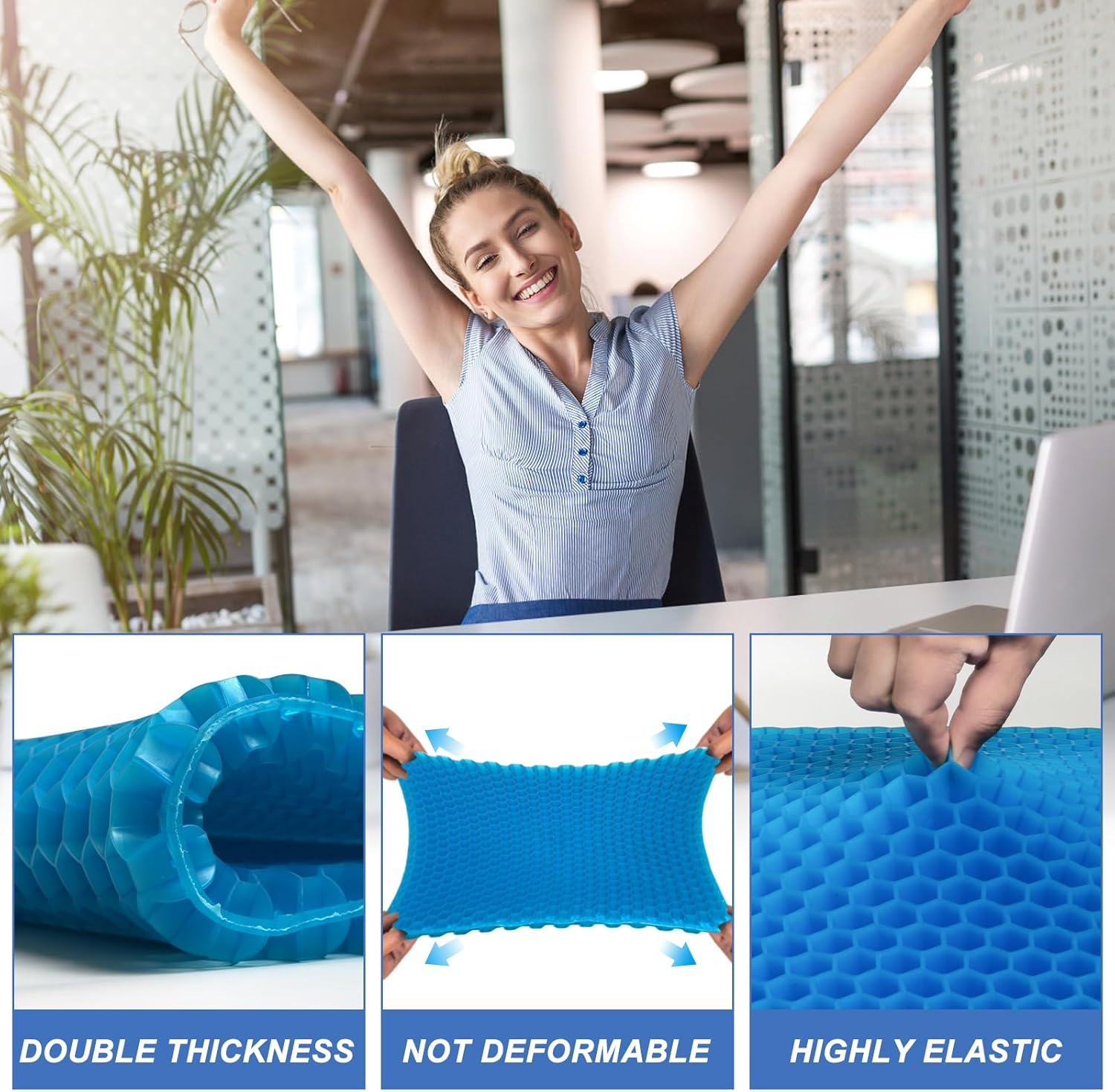 Gel Seat Cushion for Long Sitting - 20" X 20" X 1.8" (Extra Thick＆Soft) Gel Cushion for People over 140 Lbs, Pressure Relief Cushion for Office Chair, Egg Cushions for Wheelchair, Gel Pad for Car image number 5