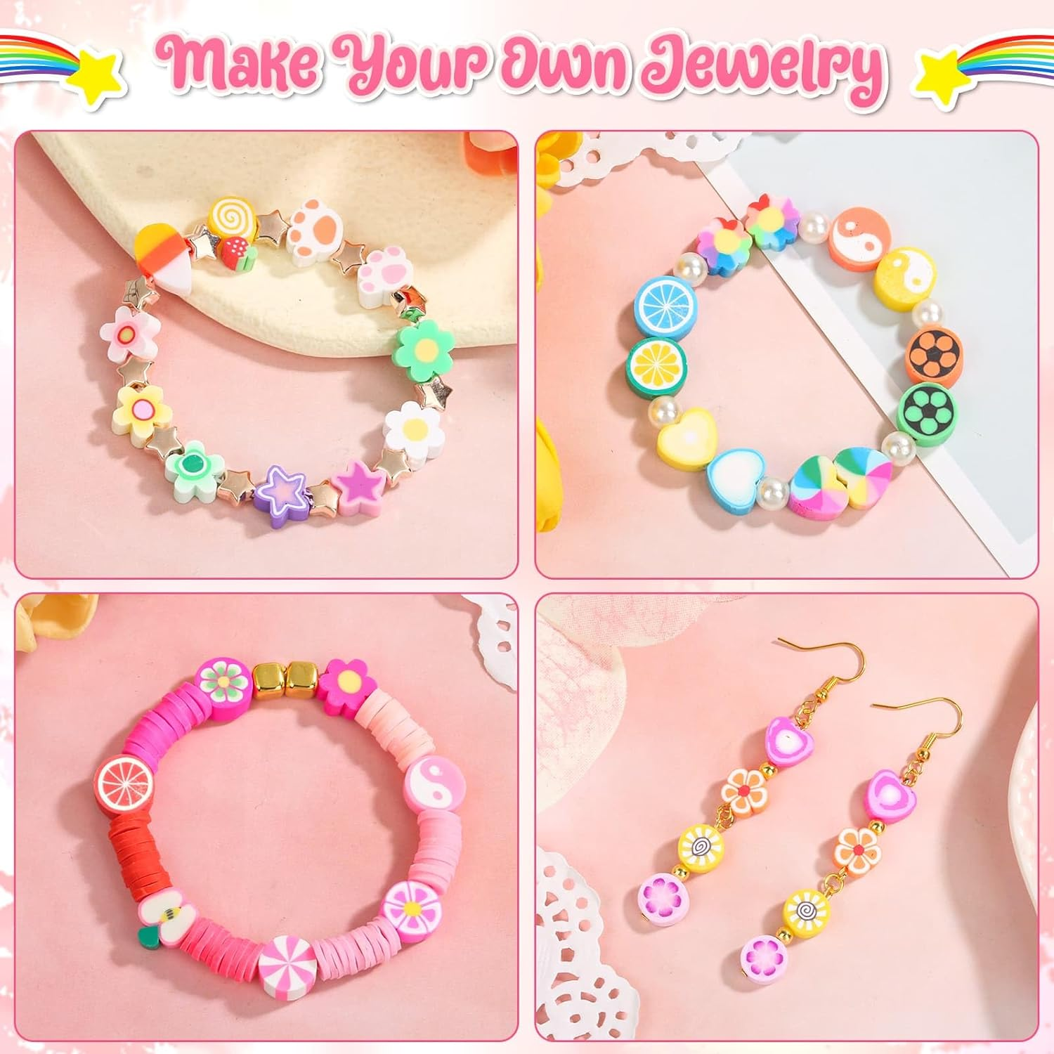 Thrilez 480 Pcs Fruit Flower Polymer Clay Beads, 24 Styles Clay Bead Charms for Bracelets Making, Jewelry Making, Necklace and Earring with Elastic String