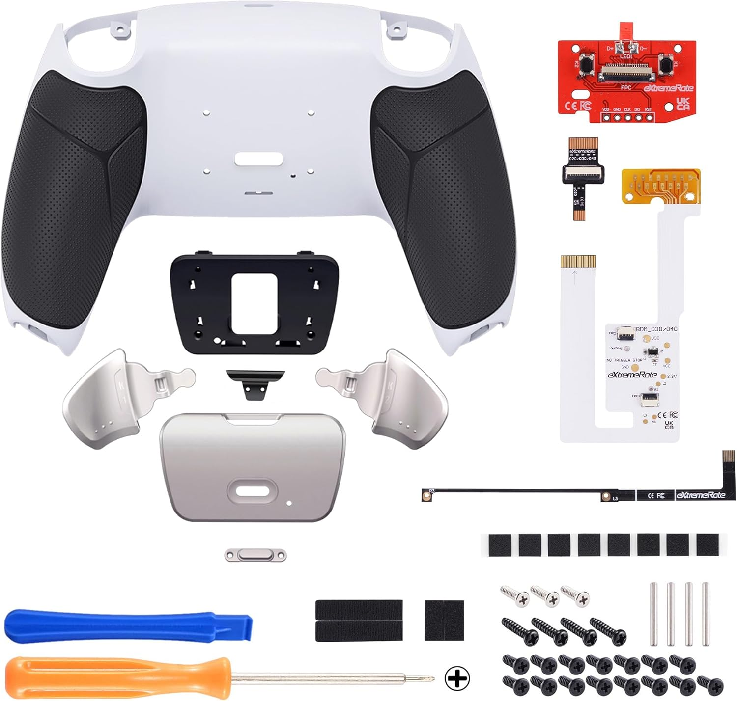 Extremerate Silver Real Metal Buttons RMB Rise V3 Remap Kit for PS5 Controller BDM-030 040 050, Black Rubberized Grip White Bottom Shell Upgraded Programable Back Buttons Set for PS5 Controller