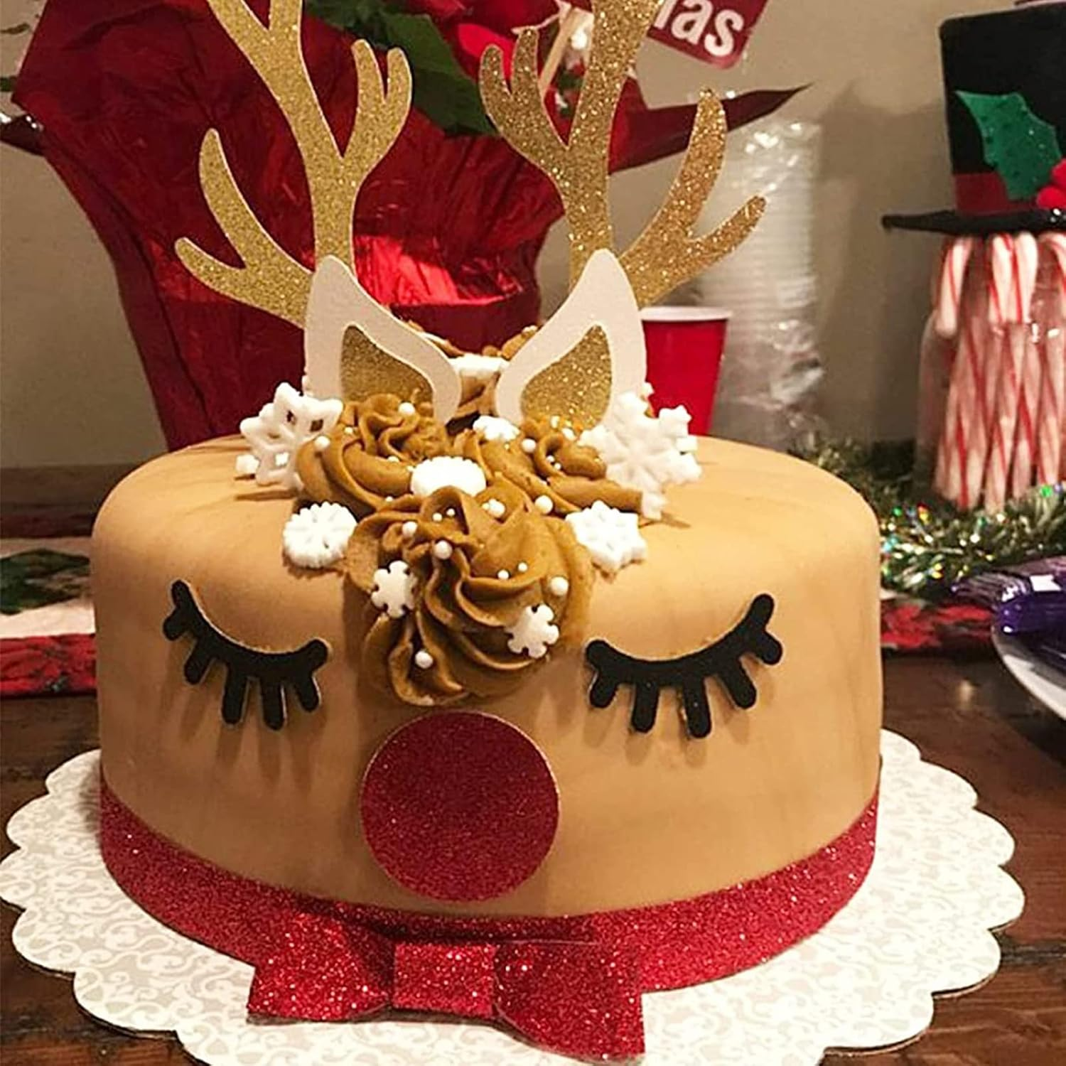 2 Set Christmas Cake Topper Decorations Reindeer Antler Cake Topper with Eyelashes Nose Ear for Easter Xmas Party Decor Supplies