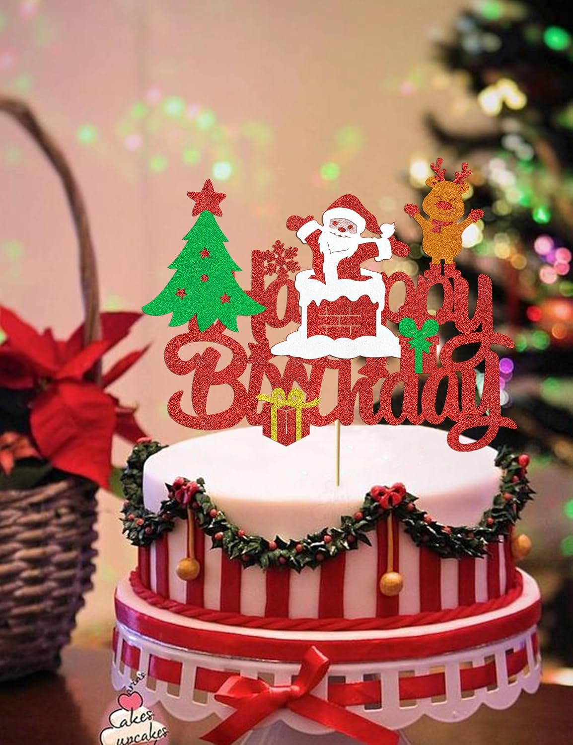 Santa Clause Birthday Cake Topper - Glitter Red Reindeer Winter Christmas Party Decoration Supplies image number 6