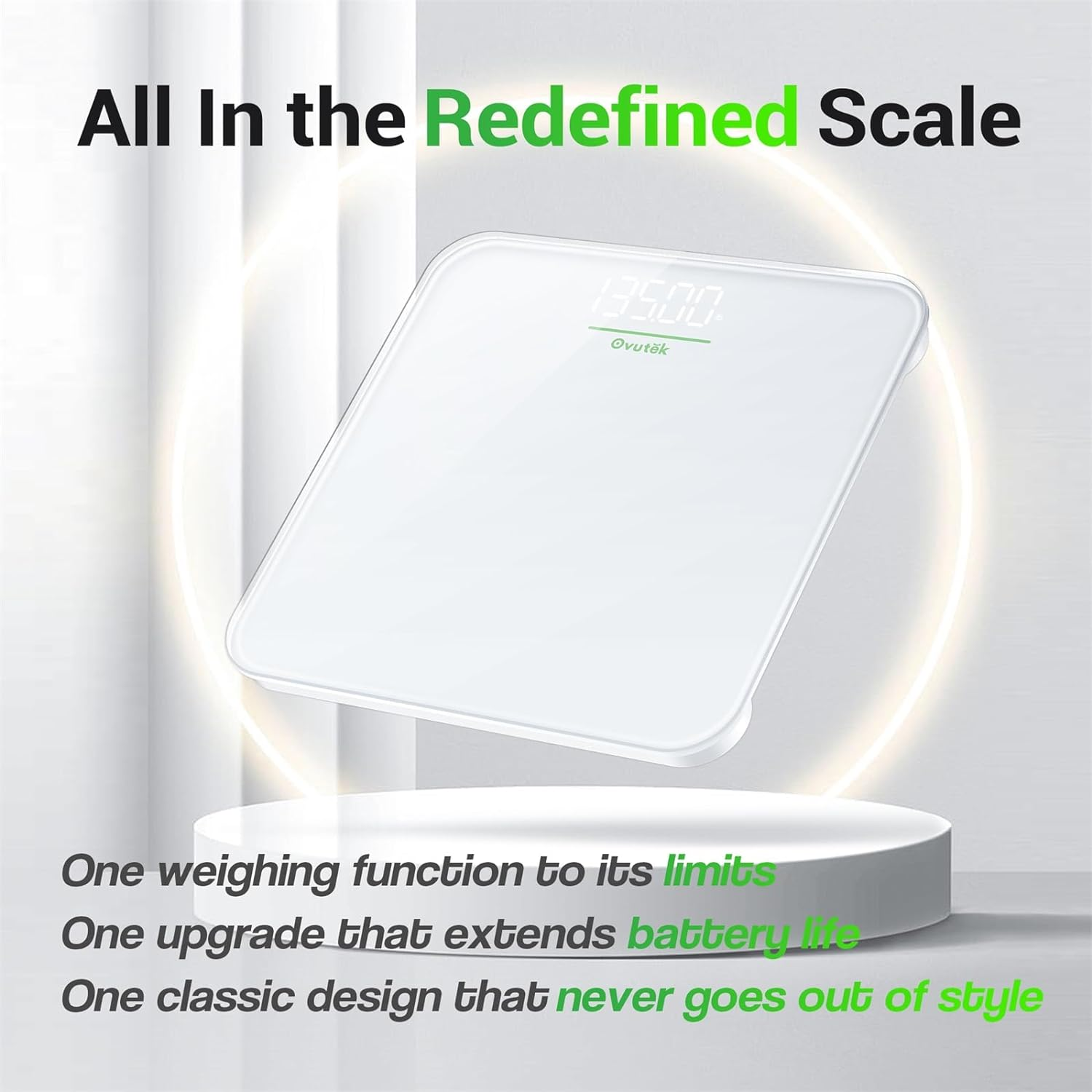 Ovutek Bathroom Scale for Body Weight, Highly Accurate Digital Weighing Machine for People, Upgraded Batteries Included, Compact Size, LED Display, High Standards Sturdy Tempered Glass, 400Lb, White image number 1