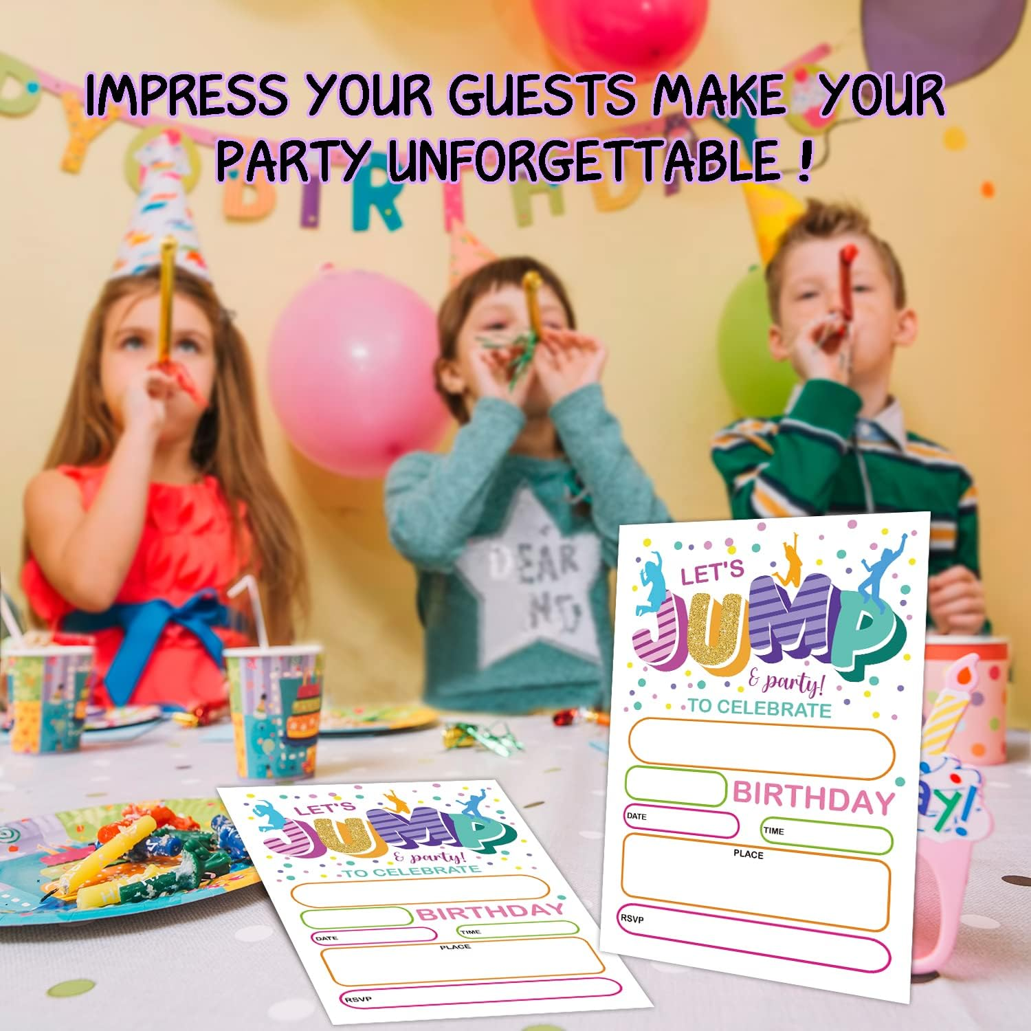 Jump Party Birthday Invitations, Bounce House Trampoline Party Invitations for Boys Girls Kids, Jumping Party Invitations, Jump Party Invites (20 Sets 4" X 6" Cards with 20 Envelopes) - Himo350
