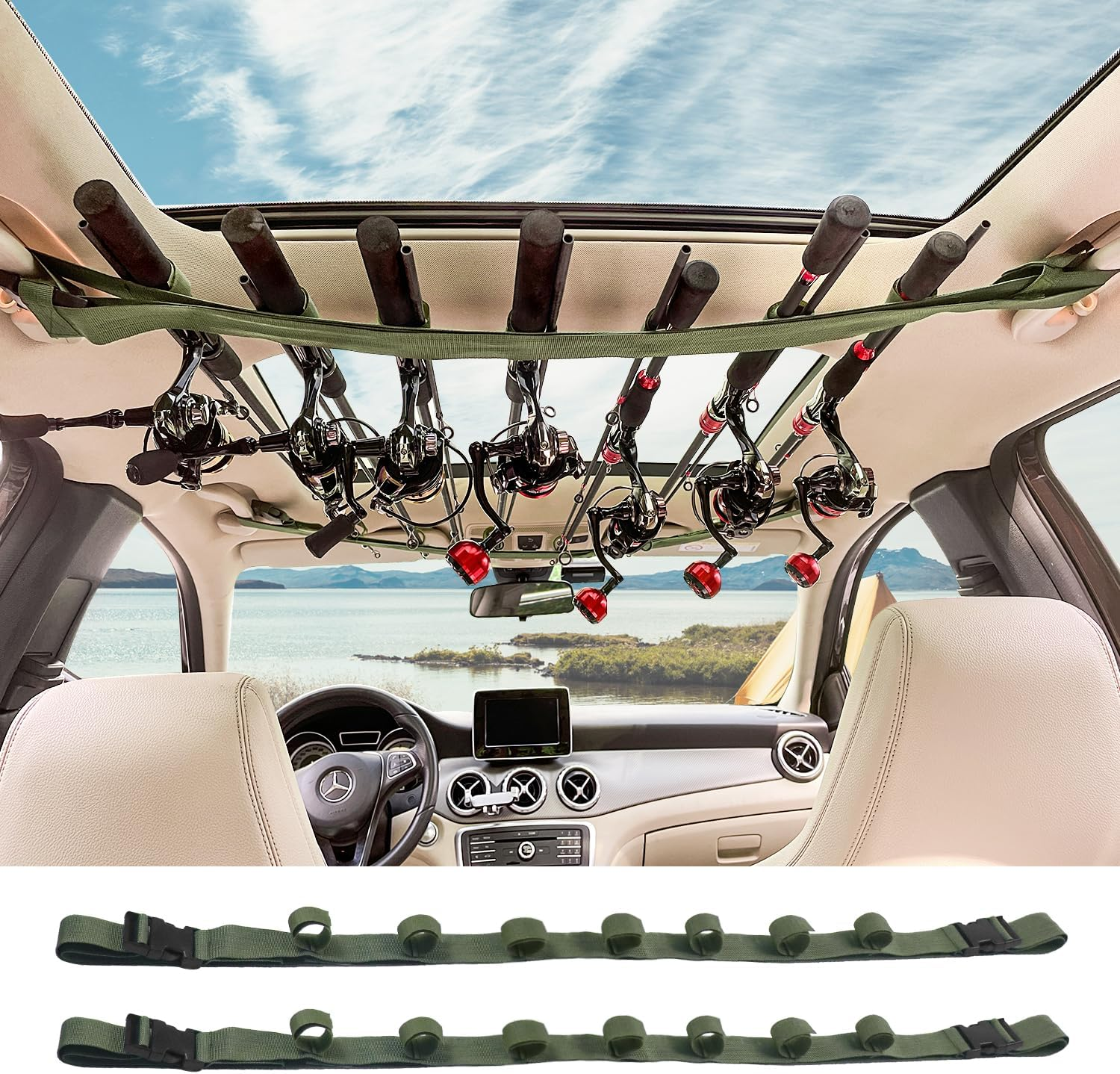 PSKOOK Vehicle Fishing Rod Holder, Car Fishing Pole Roof Rack Inside, 7 Rod Capacity, Heavy-Duty Nylon, No-Tool Installation, Black