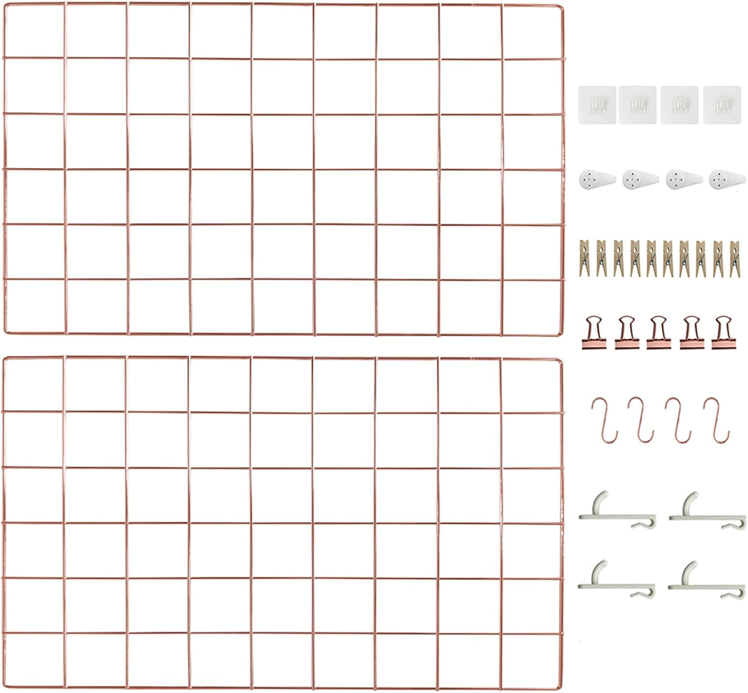 Metal Grid Wall Panel, Photo Display Organizer, 17.3"&times;11.8" Rose Gold Wire Board, Picture Frame, 4-Pack Mesh Memo Board with Clips and Hooks