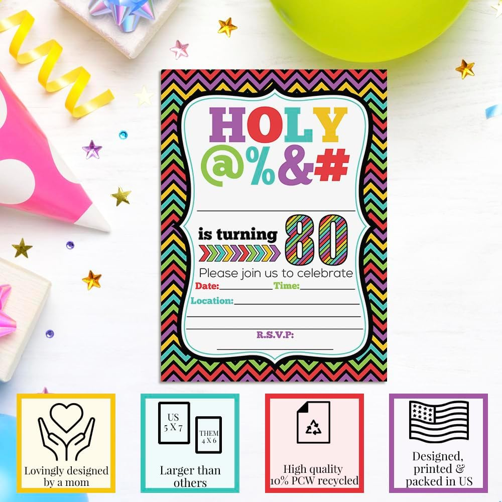 HOLY @% 80Th Birthday Party Invitations, 20 Funny 5"X7" Fill in Cards with Twenty White Envelopes for Milestone Birthdays by Amandacreation image number 1