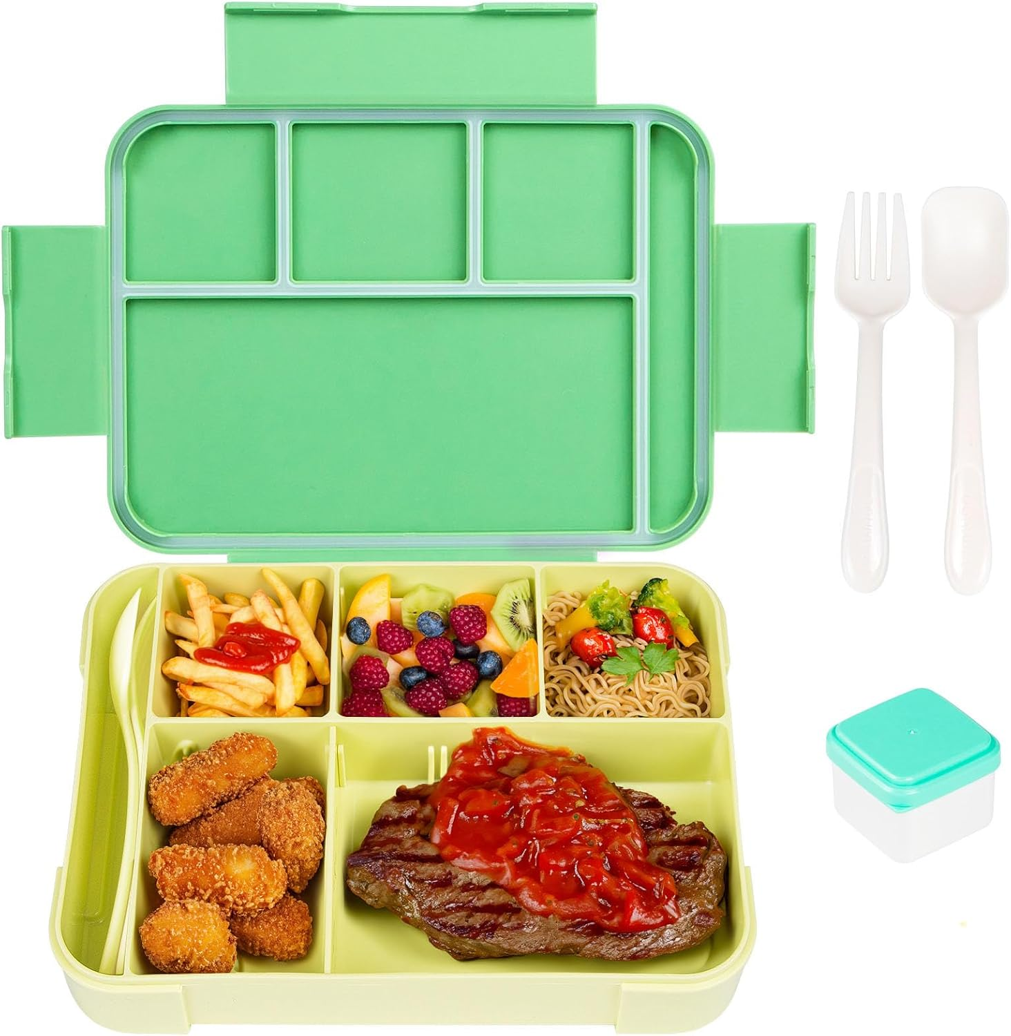 WADY Bento Lunch Box for Kids & Adults, Bento Box for Kids, Adult Lunchable Containers with 6 Compartments & Tablewares, Durable, Microwave/Dishwasher Safe, Bpa-Free,Perfect for On-The-Go Meal (Green)
